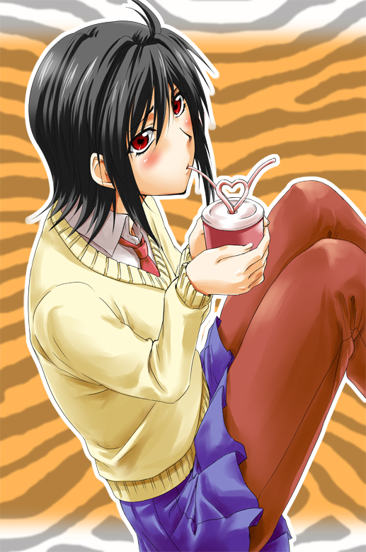 marumi, ichinose nagi, nyan koi!, 00s, 1girl, ahoge, black hair, drinking, drinking straw, female focus, necktie, red eyes, school uniform, short hair, sitting, solo