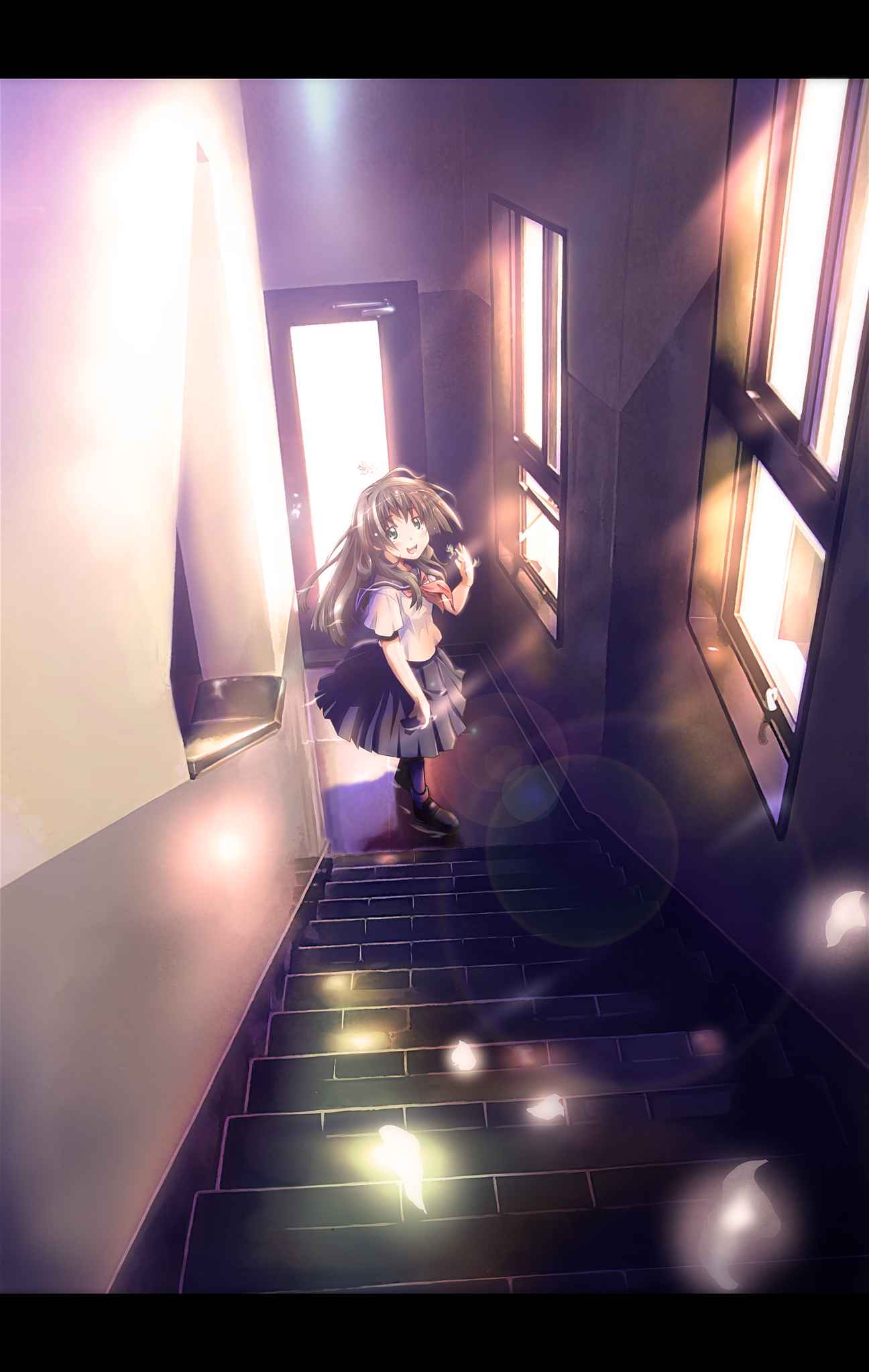 totsuki tooka, saten ruiko, shirai kuroko, toaru kagaku no railgun, toaru majutsu no index, highres, 1girl, black hair, female focus, green eyes, indoors, lens flare, letterboxed, long hair, petals, school uniform, solo, stairs