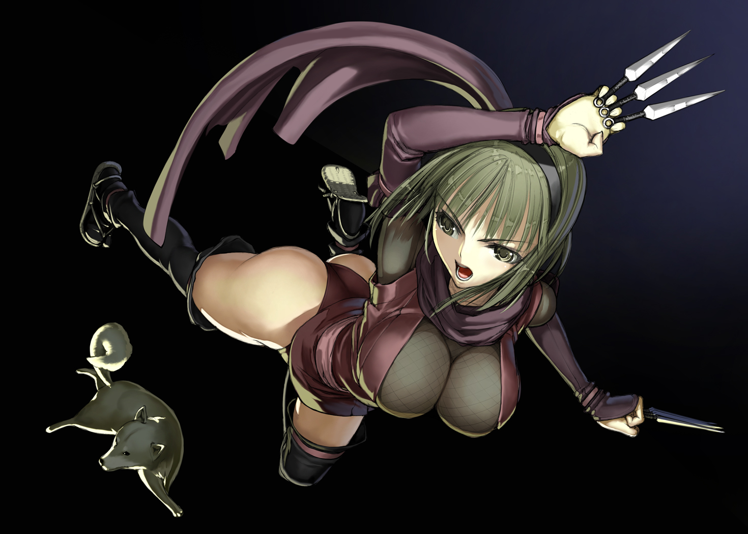 nakabayashi reimei, kagurazaka asuka, lupin iii, tms entertainment, bad id, bad pixiv id, 1girl, ass, between fingers, breasts, cleavage, dog, female focus, green eyes, green hair, hairband, holding, kunai, large breasts, matching hair/eyes, ninja, open mouth, sandals, scarf, short hair, simple background, solo, thighs, weapon