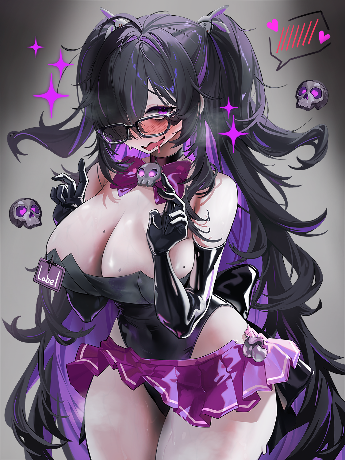 laevan, label (nikke), goddess of victory: nikke, commentary, highres, 1girl, alternate costume, bare shoulders, black gloves, black hair, black leotard, blush, breasts, character name, colored inner hair, elbow gloves, glasses, gloves, gradient background, hair over one eye, hands up, heart, highleg, highleg leotard, huge breasts, leotard, long hair, looking at viewer, microskirt, mole, mole on breast, multicolored hair, one eye covered, open mouth, purple eyes, purple hair, purple skirt, simple background, skirt, solo, two-tone hair, two side up
