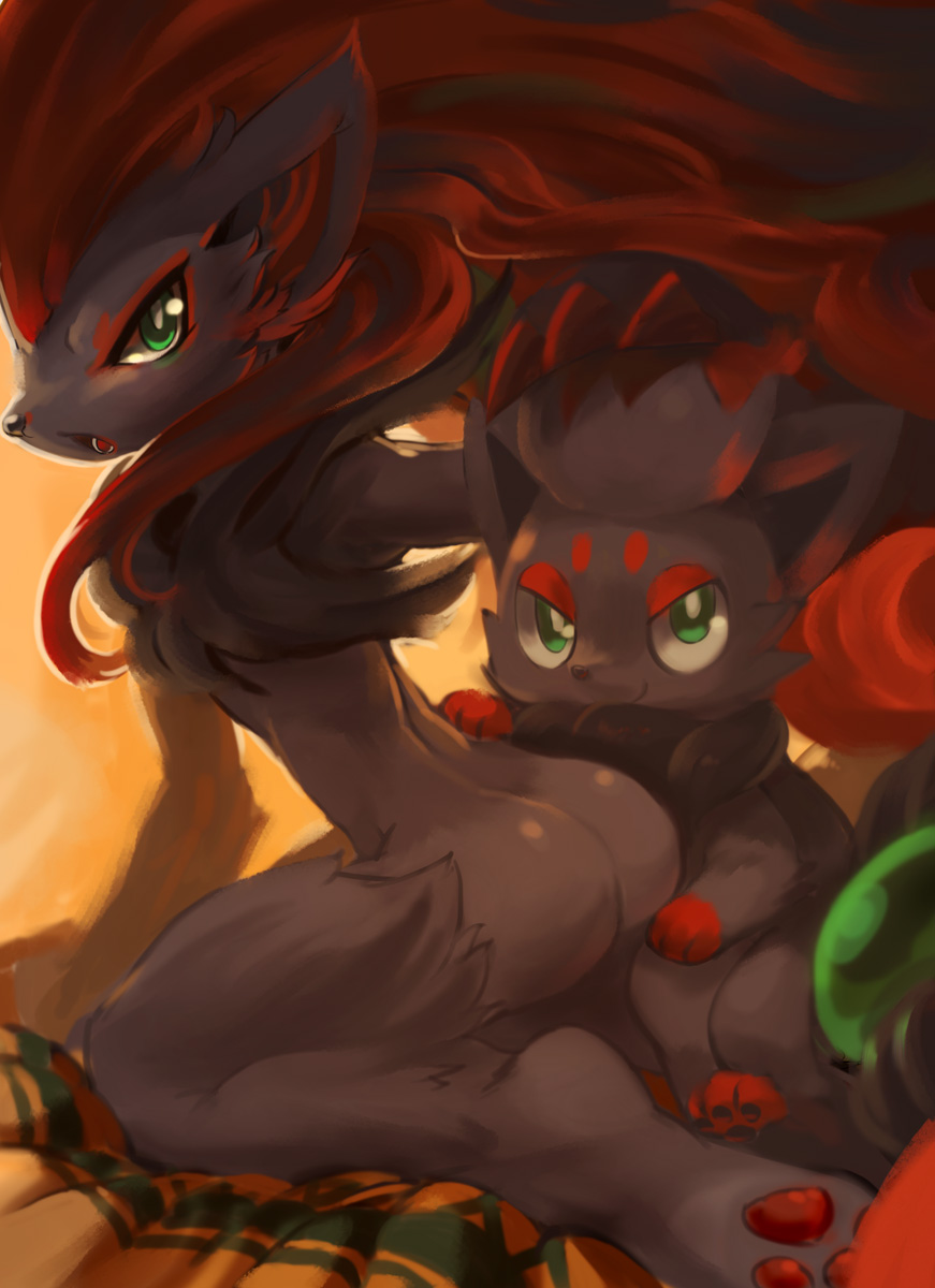 tyson tan, zoroark, zorua, nintendo, pokemon, bad furaffinity id, bad id, highres, animal hands, ass, evolutionary line, furry, gen 5 pokemon, hair ornament, long hair, looking at viewer, parted lips, pokemon (creature), red hair, smile, smug, sphere hair ornament