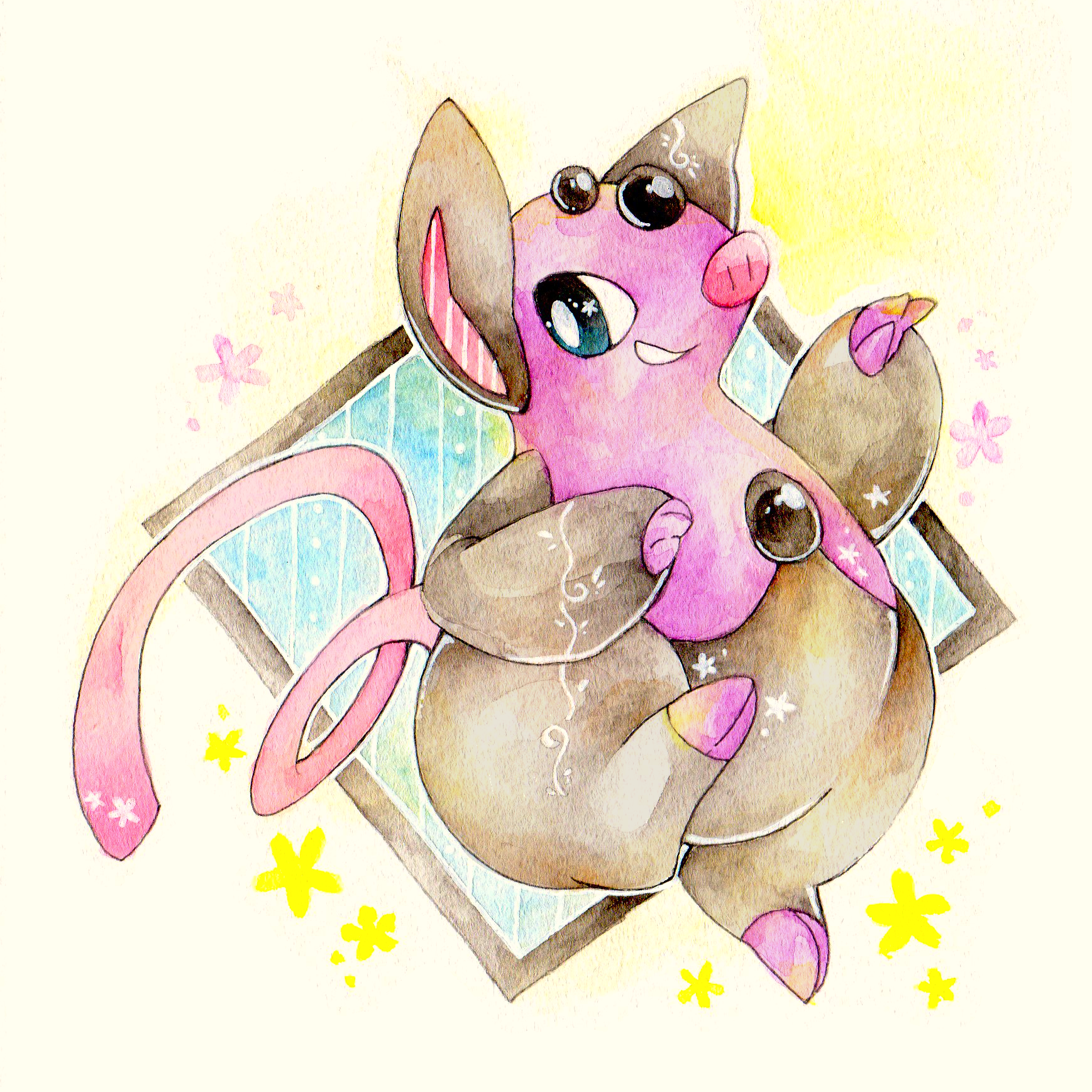 kuriki0117, grumpig, nintendo, pokemon, commentary request, highres, painting (medium), traditional media, watercolor (medium), bright pupils, full body, gen 3 pokemon, no humans, nostrils, pokemon (creature), pokemon focus, smile, solo, white pupils