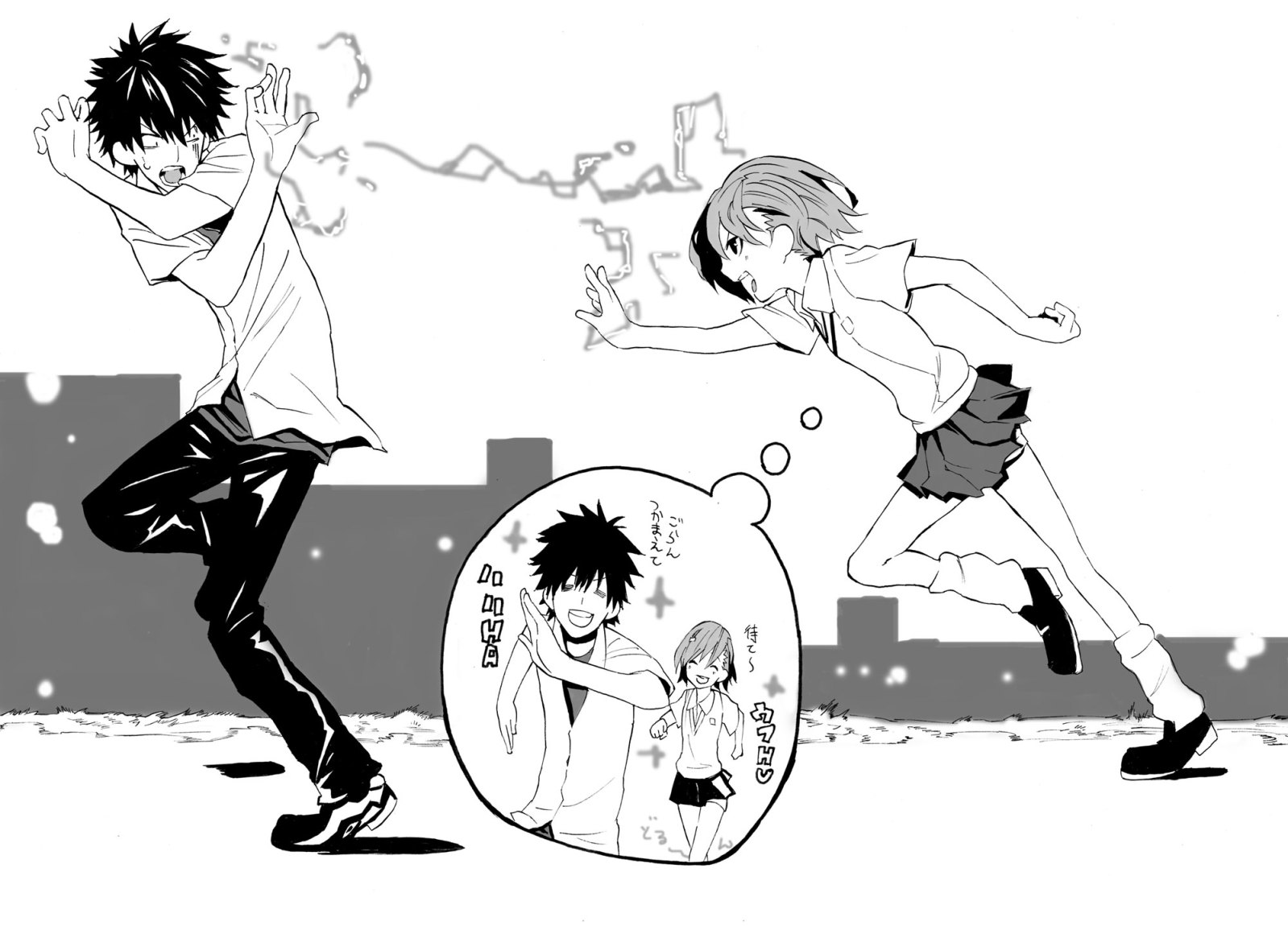 kamijou touma, misaka mikoto, toaru kagaku no railgun, toaru majutsu no index, translated, 1boy, 1girl, chasing, electricity, greyscale, imagining, monochrome, running, school uniform