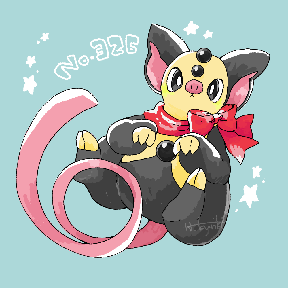 kuriki0117, grumpig, nintendo, pokemon, commentary request, :<, alternate color, aqua background, black eyes, bow, bright pupils, closed mouth, clothed pokemon, full body, gen 3 pokemon, looking at viewer, no humans, nostrils, pokedex number, pokemon (creature), pokemon focus, red bow, shiny pokemon, signature, simple background, solo, star (symbol), white pupils