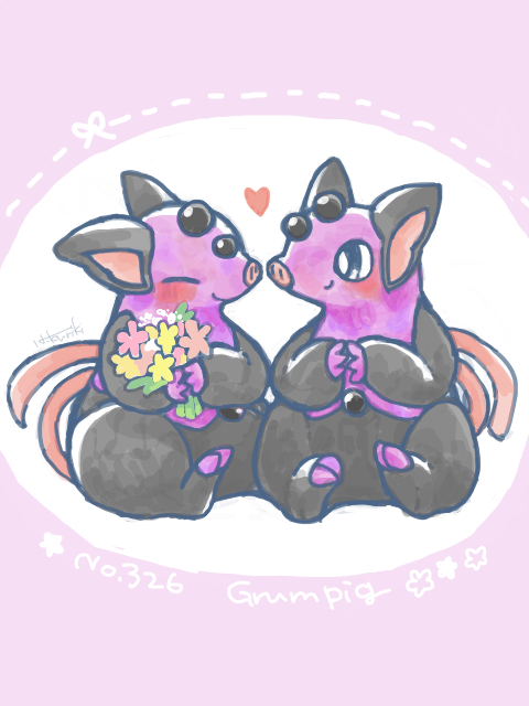 kuriki0117, grumpig, nintendo, pokemon, commentary request, black eyes, blush, bright pupils, closed eyes, closed mouth, flower, gen 3 pokemon, heart, holding, holding flower, no humans, nostrils, pokemon (creature), pokemon focus, sitting, smile, white pupils