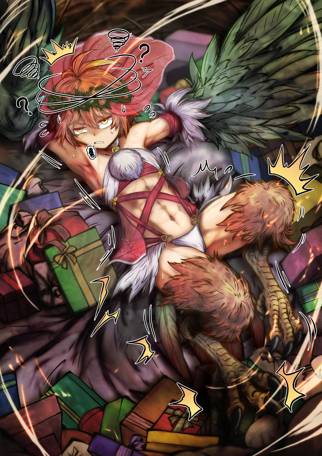 original, commentary request, highres, 1girl, ?, bird legs, bird nest, bird tail, box, clothing cutout, crown of thorns, feathered wings, feathers, gift, gift box, green feathers, green wings, half-closed eyes, harpy, monster girl, navel, red veil, solo, stomach cutout, sur plus 26, tail, talons, veil, winged arms, wings, yellow eyes