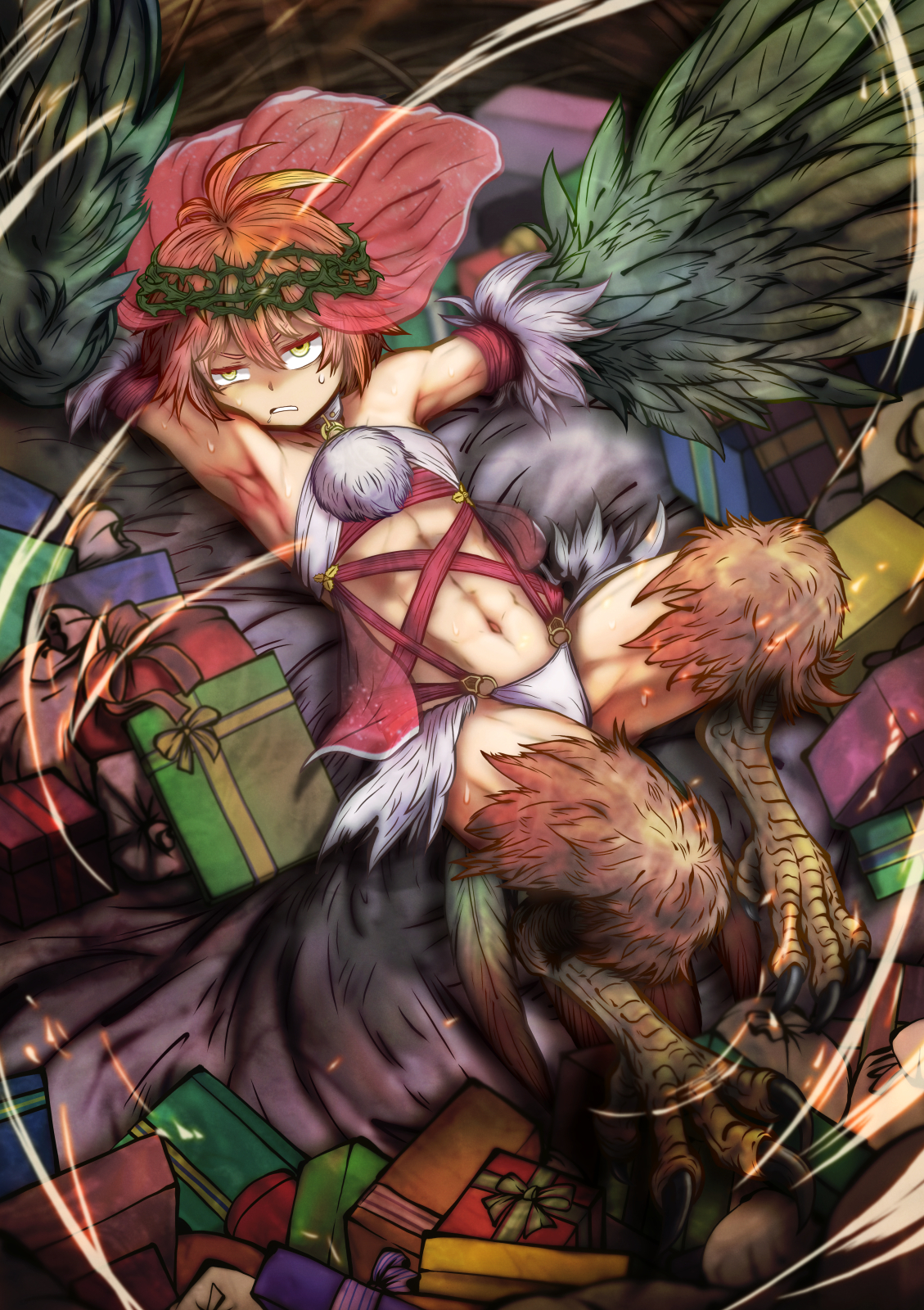 original, commentary request, highres, 1girl, bird legs, bird nest, bird tail, box, clothing cutout, crown of thorns, feathered wings, feathers, gift, gift box, green feathers, green wings, half-closed eyes, harpy, monster girl, navel, red veil, solo, stomach cutout, sur plus 26, tail, talons, veil, winged arms, wings, yellow eyes