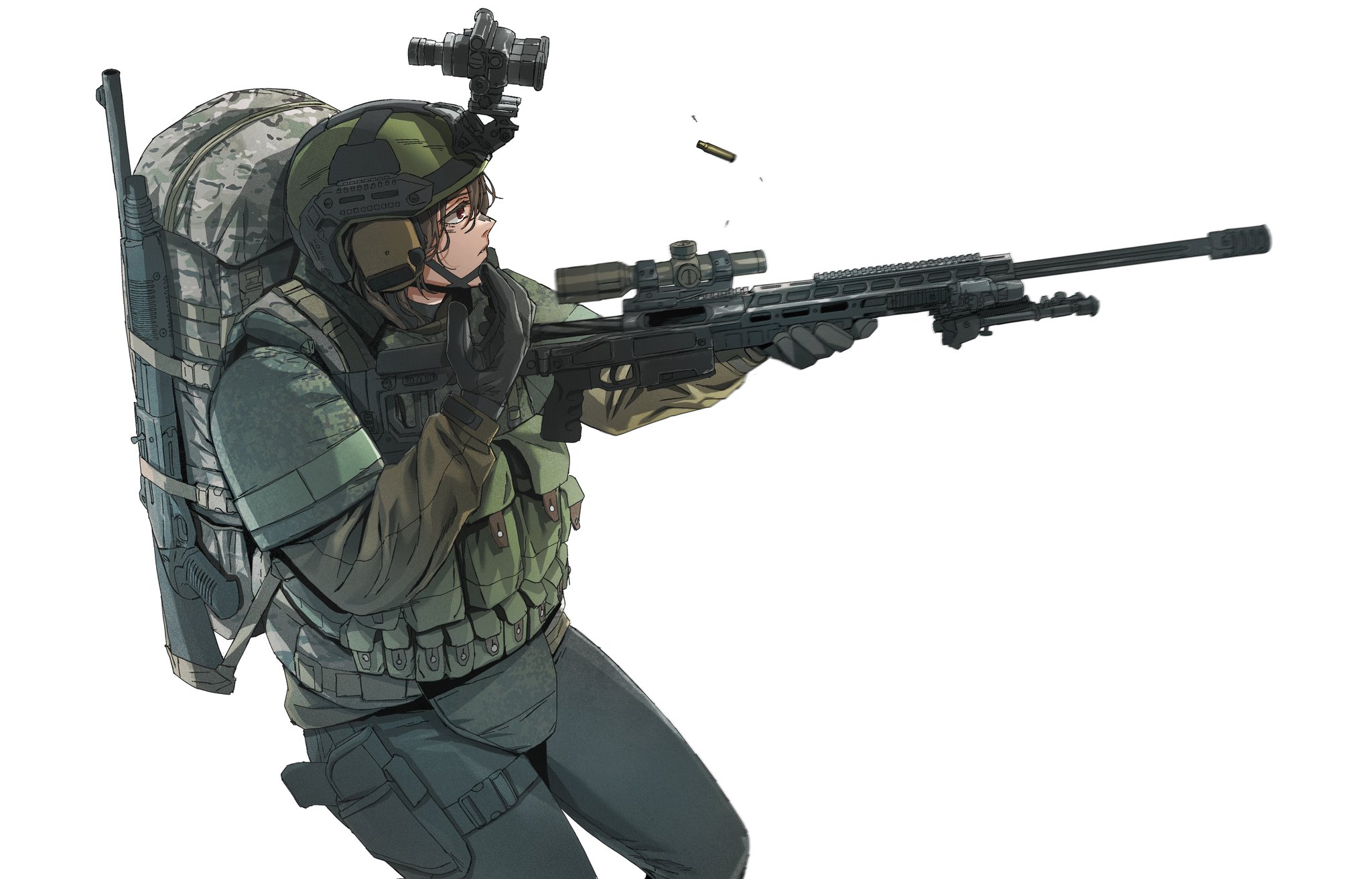 maxturbo69, escape from tarkov, original, commission, highres, 1girl, backpack, bag, benelli m3, black gloves, body armor, brown hair, brown jacket, bulletproof vest, camouflage, camouflage bag, casing ejection, combat helmet, ear protection, flashlight, gloves, gun, handgun, helmet, holding, holding weapon, holster, jacket, laser sight, load bearing vest, medium hair, night vision device, orsis t-5000, parted lips, red eyes, scope, shell casing, solo, thigh holster, weapon