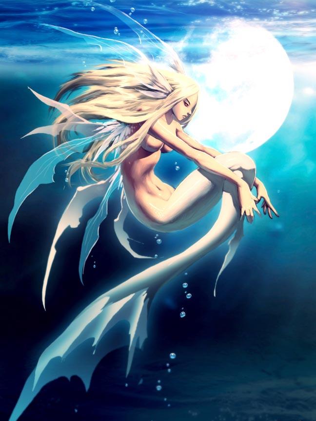 blonde hair, bubble, fins, long hair, mermaid, monster girl, moon, nude, scales, underboob, underwater