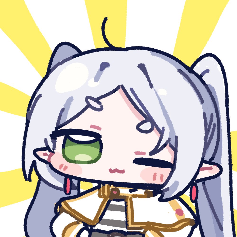 miratsu (miratsu169), frieren, sousou no frieren, 1girl, ;3, blush stickers, capelet, chibi, chibi only, closed mouth, earrings, elf, green eyes, grey hair, jewelry, long hair, long sleeves, looking at viewer, loose hair strans, one eye closed, parted bangs, pointy ears, shirt, sidelocks, solo, striped clothes, striped shirt, sunburst, sunburst background, teardrop earrings, thick eyebrows, twintails, upper body, white capelet, white shirt