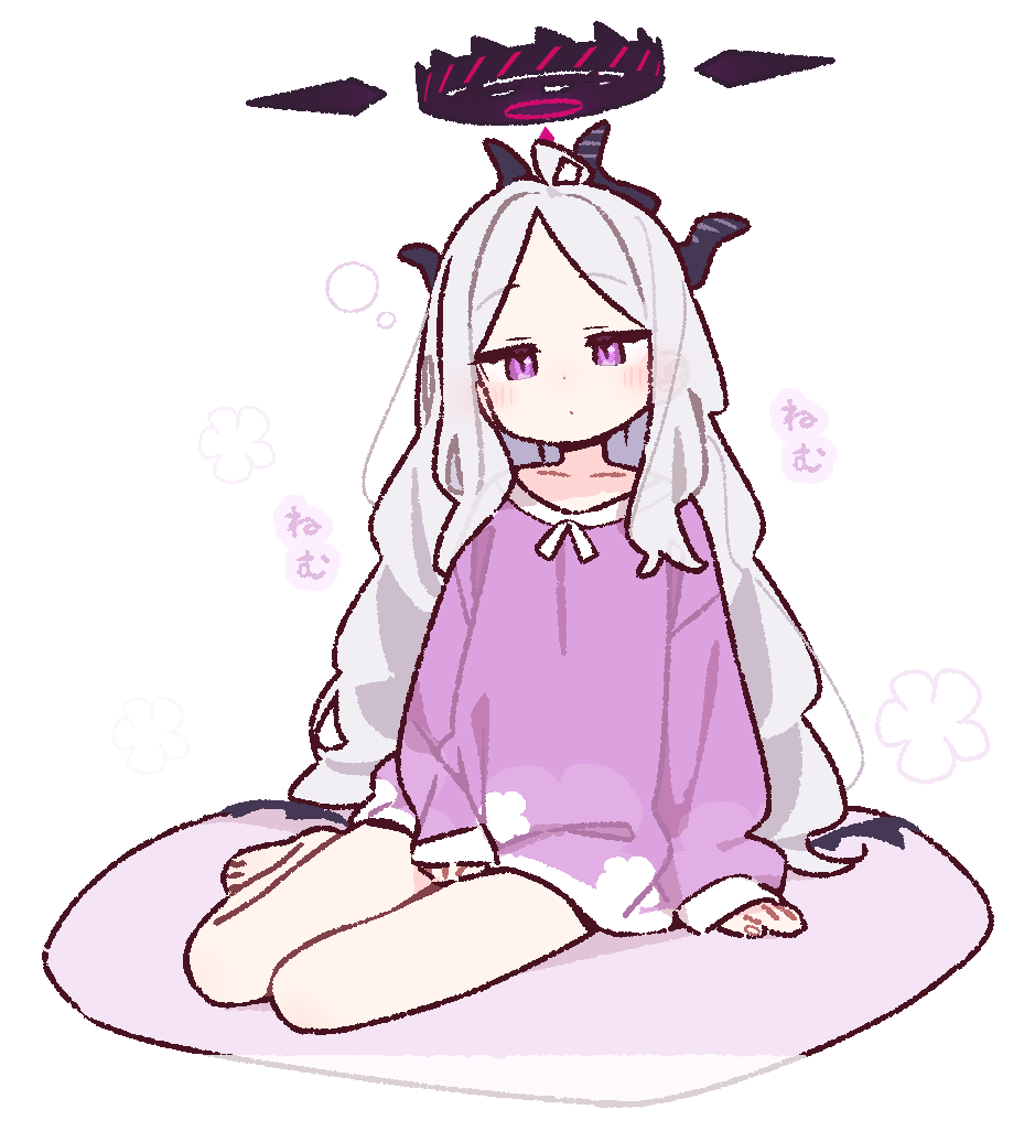 yoru nai, hina (blue archive), blue archive, commentary request, revision, 1girl, ahoge, black halo, blush, demon girl, demon horns, demon wings, halo, horns, long hair, looking at viewer, low wings, purple eyes, sitting, solo, squeans, very long hair, white hair, wings