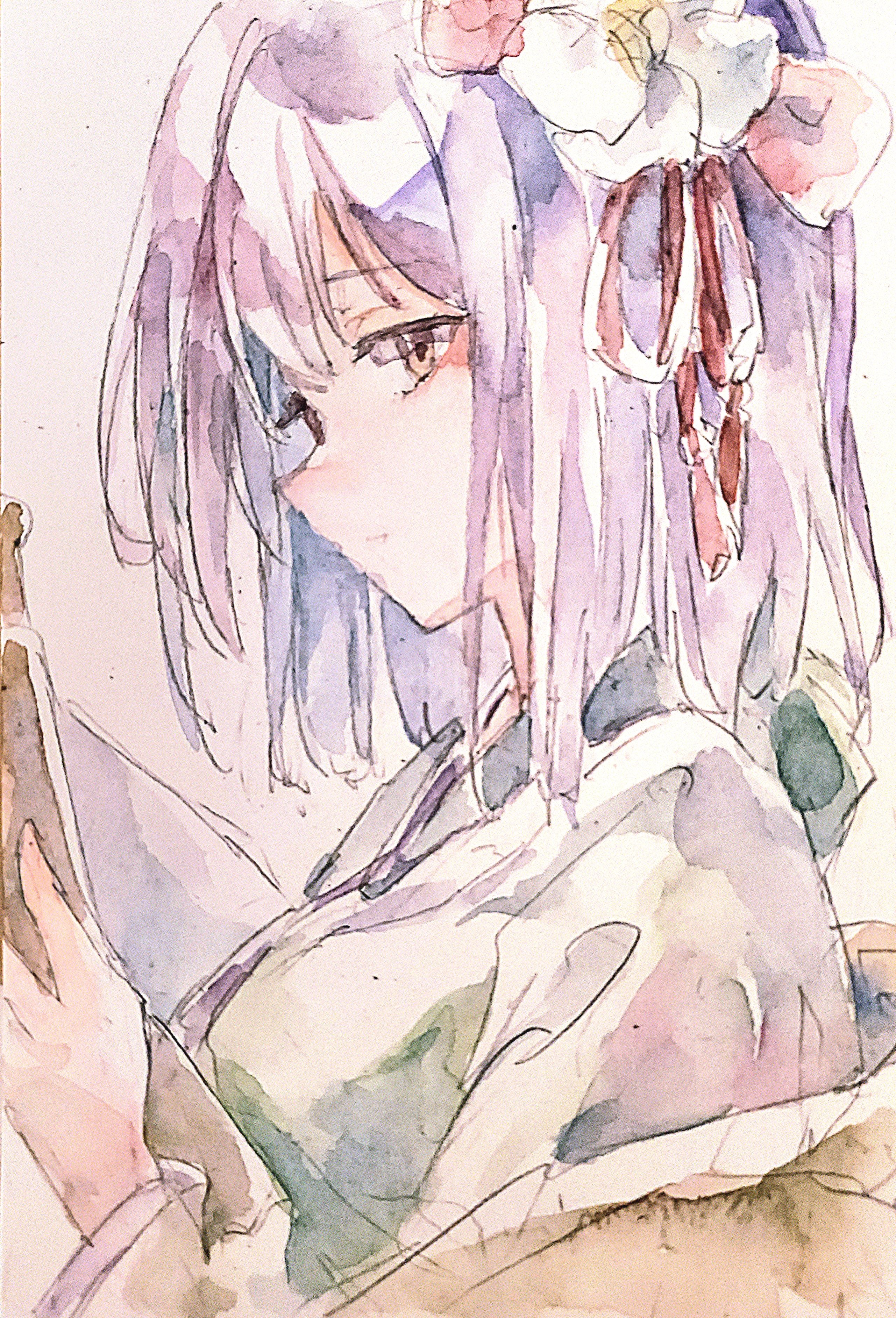 kamu kotan, hieda no akyuu, touhou, absurdres, commentary, highres, traditional media, 1girl, closed mouth, flower, green kimono, hair flower, hair ornament, holding, holding scroll, japanese clothes, kimono, medium hair, purple hair, scroll, solo, upper body, white flower, yellow kimono