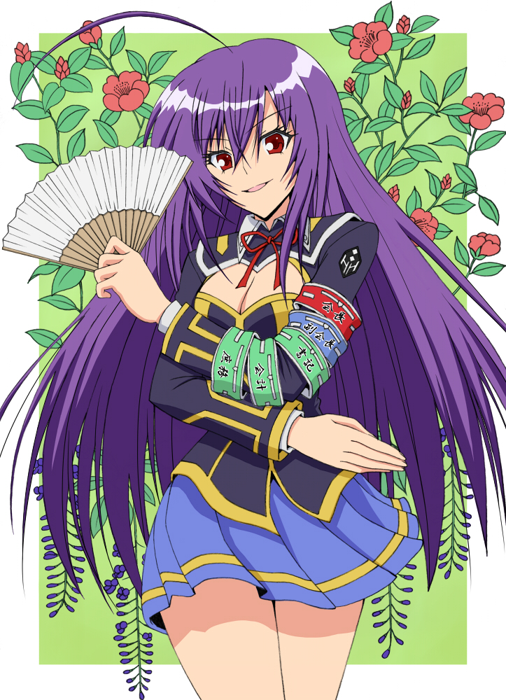 kurokami medaka, medaka box, bad id, bad pixiv id, 1girl, ahoge, armband, breasts, cleavage, female focus, flower, hand fan, medium breasts, miniskirt, skirt, solo