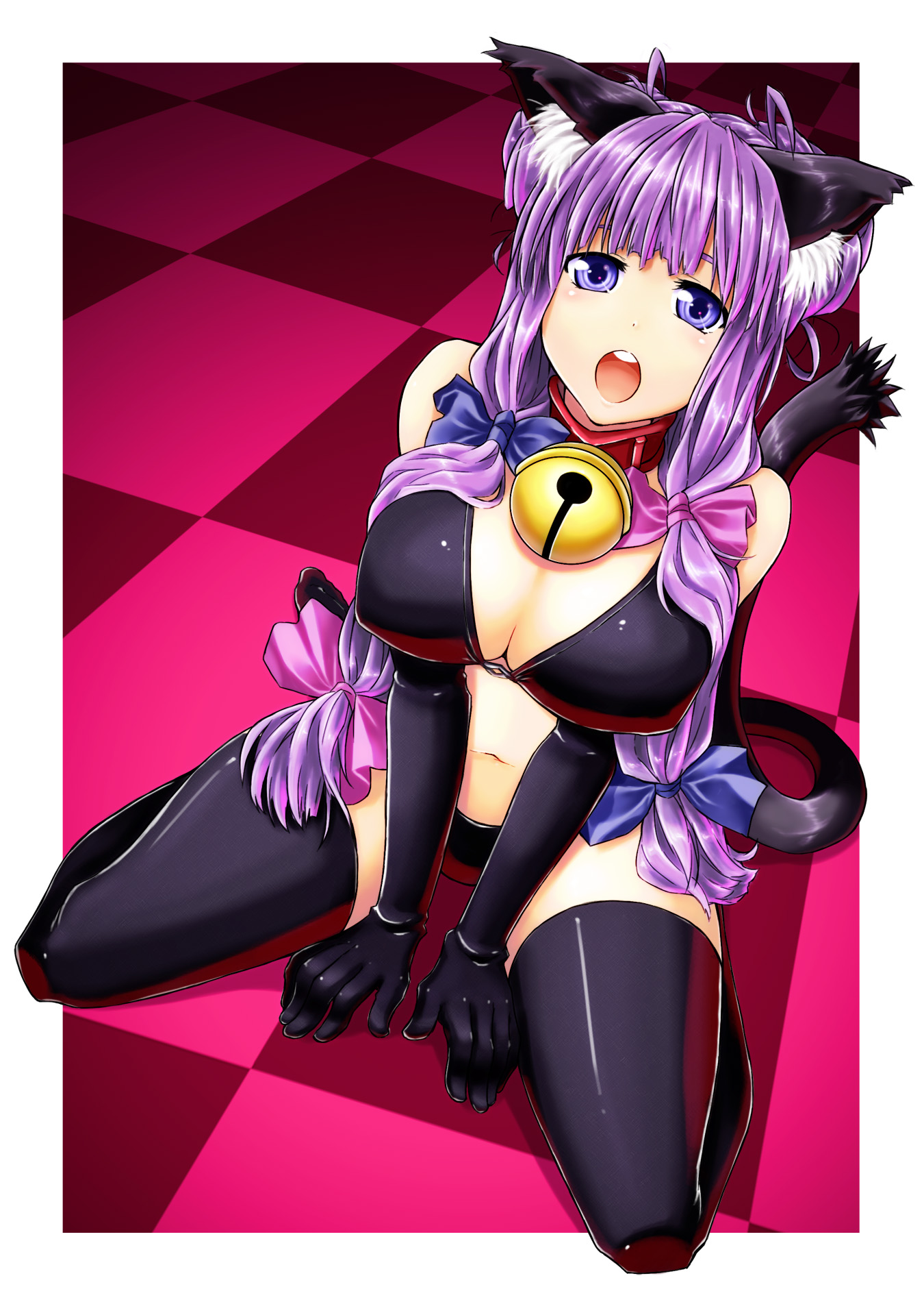 alto-00, patchouli knowledge, touhou, highres, 1girl, animal ears, bell, black bra, black panties, black thighhighs, bow, bra, breasts, cat ears, cat girl, cat tail, checkered floor, cleavage, collar, elbow gloves, female focus, floor, gloves, hair bow, jingle bell, kemonomimi mode, kneeling, large breasts, latex, latex gloves, lingerie, neck bell, open mouth, panties, perspective, purple eyes, solo, tail, thighhighs, underwear