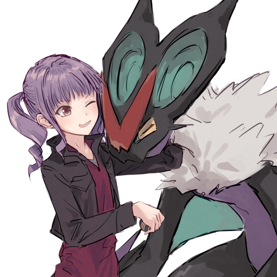 yukitake (bullfalk), noivern, udagawa ako, bang dream!, bang dream! girls band party!, nintendo, pokemon, commentary, 1girl, ;d, black jacket, brown eyes, closed eyes, collared dress, dress, gen 6 pokemon, jacket, looking at another, one eye closed, open clothes, open jacket, open mouth, pokemon (creature), purple hair, red dress, simple background, smile, twintails, white background