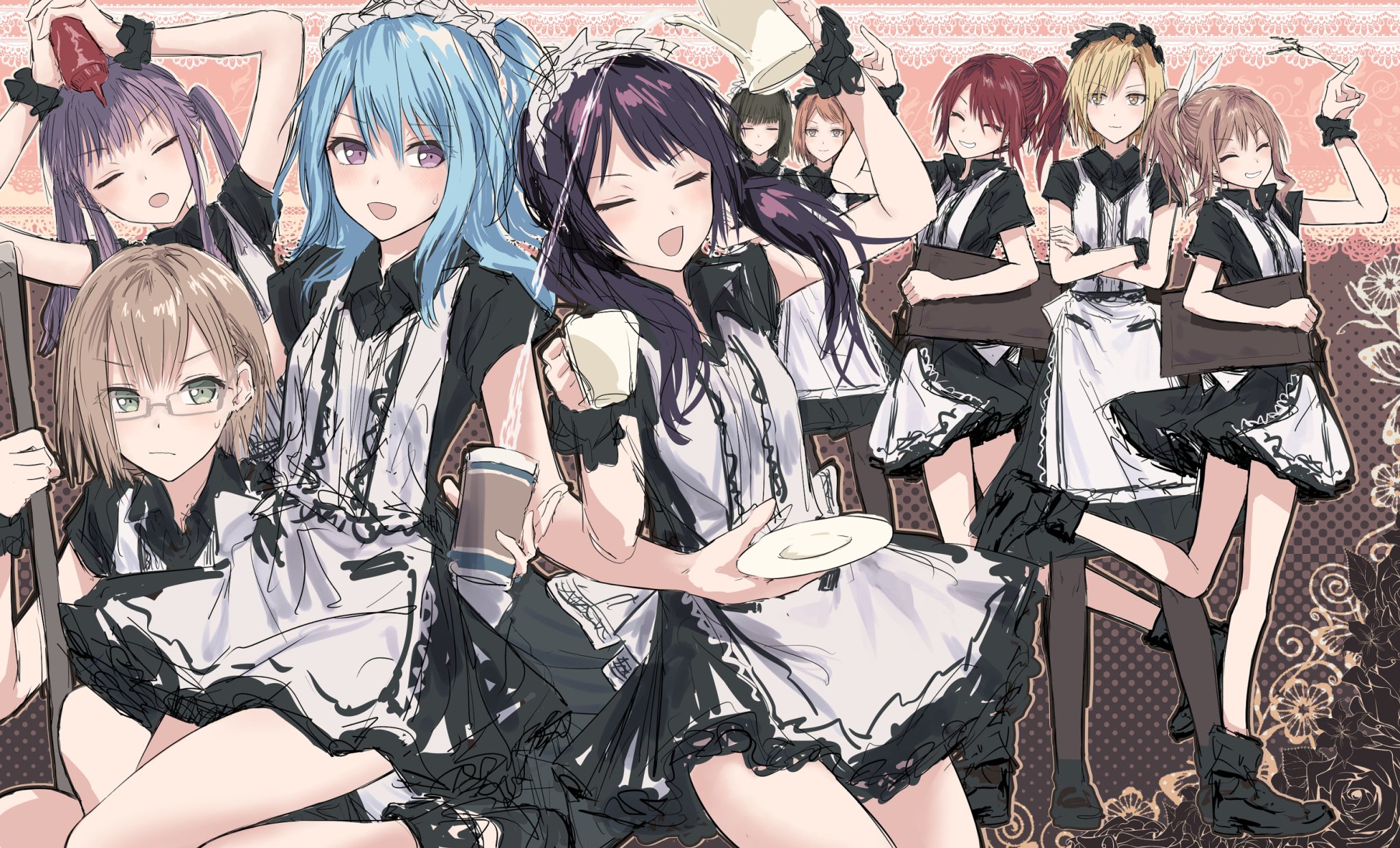 yukitake (bullfalk), futaba tsukushi, matsubara kanon, sato masuki, udagawa ako, udagawa tomoe, yamabuki saya, yamato maya, bang dream!, bang dream! girls band party!, character request, commentary request, highres, 6+girls, black boots, black dress, black pantyhose, blue hair, boots, bottle, brown hair, collared dress, cup, decantering, dress, glasses, green eyes, grey-framed eyewear, grin, halftone, halftone background, holding, holding bottle, holding cup, holding key, holding plate, ketchup bottle, key, lace background, long hair, long sidelocks, low twintails, maid, medium dress, medium hair, multiple girls, one side up, pantyhose, plate, pouring, purple eyes, purple hair, raised eyebrow, short dress, short sleeves, sidelocks, smile, sweatdrop, taiko satomi, trait connection, twintails, v-shaped eyebrows