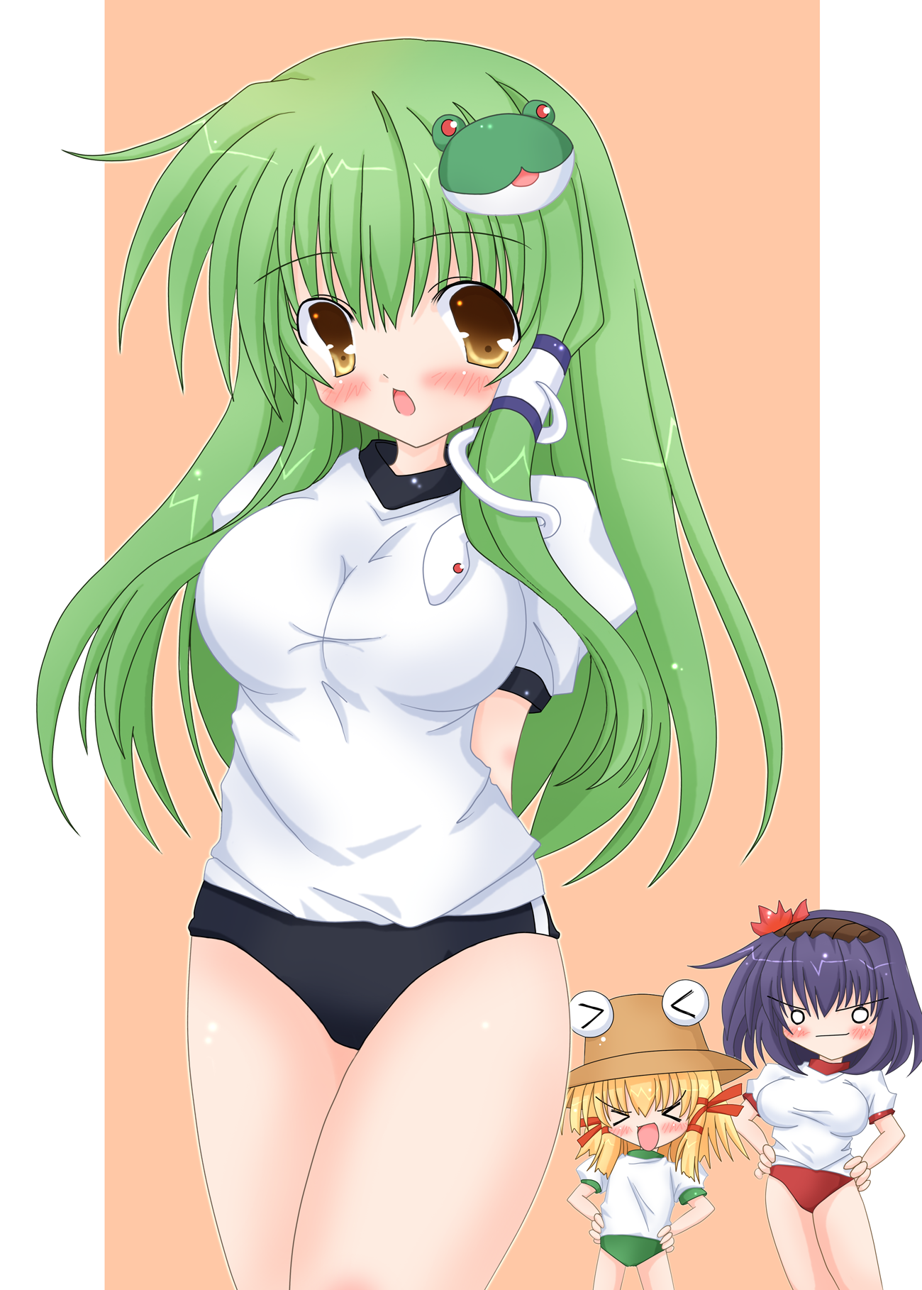 asagiri hayate, kochiya sanae, moriya suwako, yasaka kanako, touhou, highres, > <, 3girls, arms behind back, blonde hair, blue hair, blush, breasts, brown eyes, buruma, closed eyes, female focus, frog, from behind, green hair, hair ornament, hair ribbon, hands on own hips, hat, large breasts, long hair, multiple girls, o o, open mouth, purple hair, ribbon, short hair, snake, yellow eyes