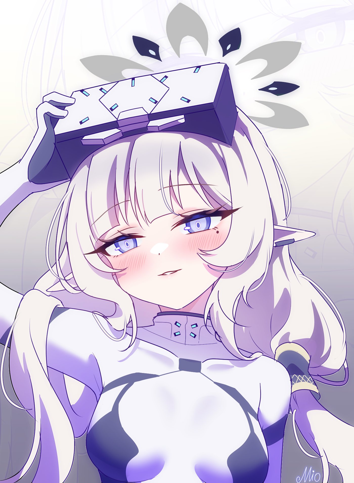 miomio1568315, himari (blue archive), himari (bodysuit) (blue archive), blue archive, hashtag-only commentary, highres, 1girl, arm up, artist name, blush, bodysuit, breasts, covered collarbone, earclip, gradient background, grey background, grey halo, hair tubes, halo, hand on headwear, head-mounted display, long hair, looking at viewer, mole, mole under eye, official alternate costume, parted lips, pointy ears, purple eyes, signature, small breasts, smile, solo, upper body, white bodysuit, white hair, zoom layer