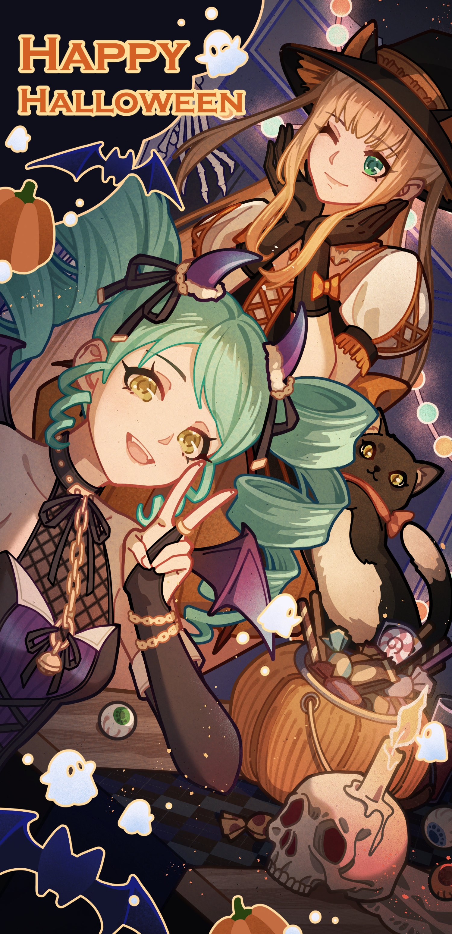 lan ruobing, lan ruobing (pristess), zhandou wang zhi jufeng zhan hun, absurdres, chinese commentary, commentary request, highres, 2girls, :d, ;), alternate costume, aqua hair, bat (animal), black cat, black gloves, black ribbon, blonde hair, candle, candy, cat, dress, drill hair, earrings, english text, food, gloves, green eyes, green hair, hair ribbon, halloween, halloween costume, happy halloween, hat, head rest, horns, jack-o'-lantern, jewelry, long hair, looking at viewer, multiple girls, one eye closed, open mouth, puffy short sleeves, puffy sleeves, pumpkin, ribbon, ring, short sleeves, skull, smile, twin drills, twintails, v, wheel of fortune (zhandou wang zhi jufeng zhan hun), wings, witch hat, yellow eyes