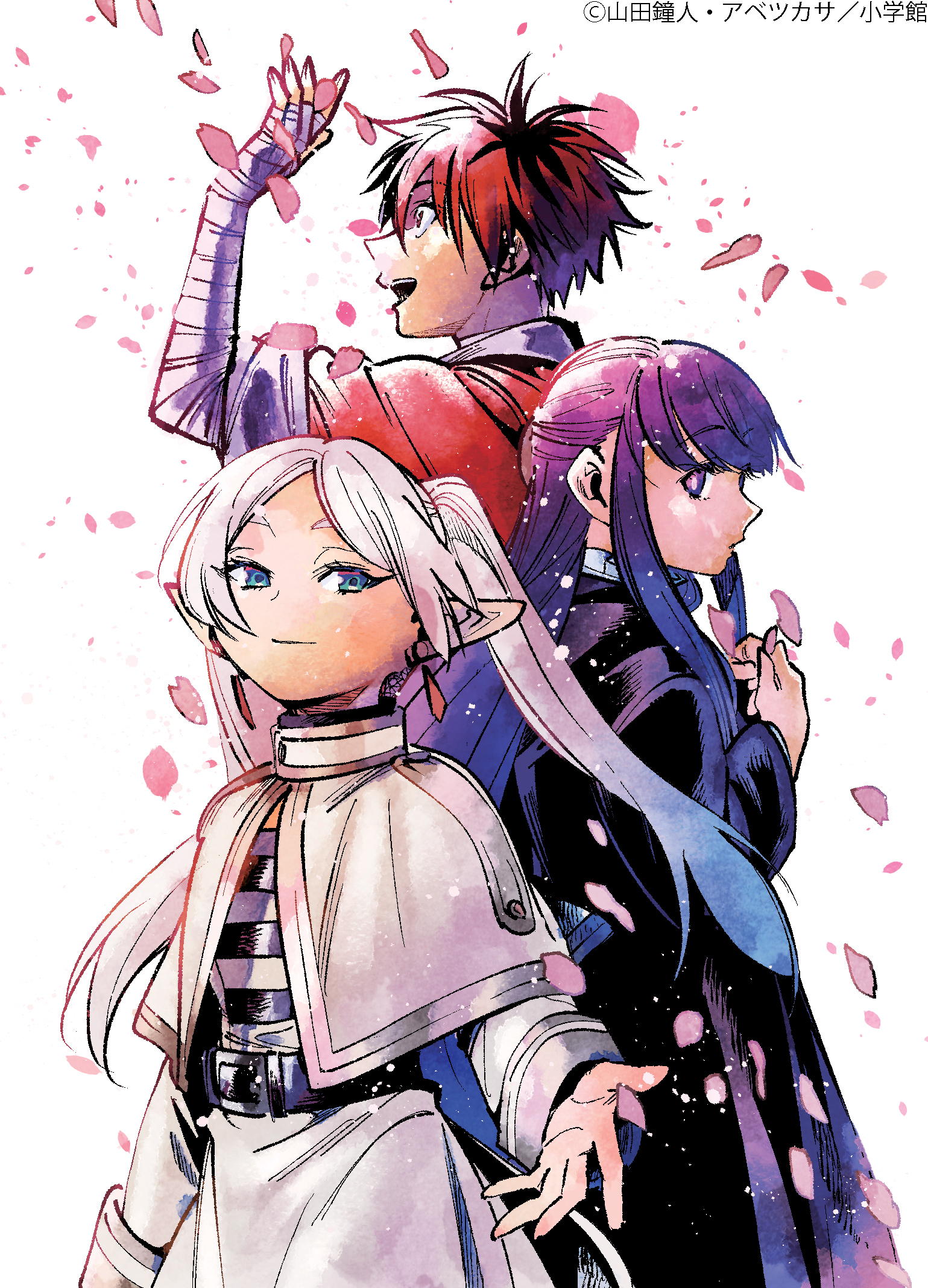 abe tsukasa, fern (sousou no frieren), frieren, stark (sousou no frieren), sousou no frieren, highres, official art, second-party source, 1boy, 2girls, bandaged hand, bandaged wrist, bandages, belt, belt buckle, black belt, black hair, black jacket, black shirt, blue eyes, buckle, building, capelet, closed mouth, dress, earrings, elf, falling petals, from side, holding, holding petal, jacket, jewelry, long hair, long pointy ears, long sleeves, looking at viewer, multicolored hair, multicolored shirt, multiple girls, open mouth, orange hair, outstretched hand, pantyhose, petals, pointy ears, purple eyes, shirt, short hair, simple background, skirt, smile, striped clothes, striped shirt, teardrop earrings, twintails, two-tone hair, white background, white capelet, white hair, white jacket, white shirt, white skirt