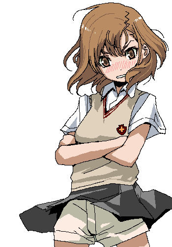 chiisan, misaka mikoto, toaru kagaku no railgun, toaru majutsu no index, lowres, 1girl, blouse, blush, brown eyes, brown hair, brown sweater vest, clothes lift, collared shirt, cowboy shot, crossed arms, embarrassed, female focus, looking at viewer, oekaki, school uniform, shirt, short hair, shorts, shorts under skirt, simple background, skirt, skirt lift, solo, sweater vest, white background, white shirt, wind, wind lift