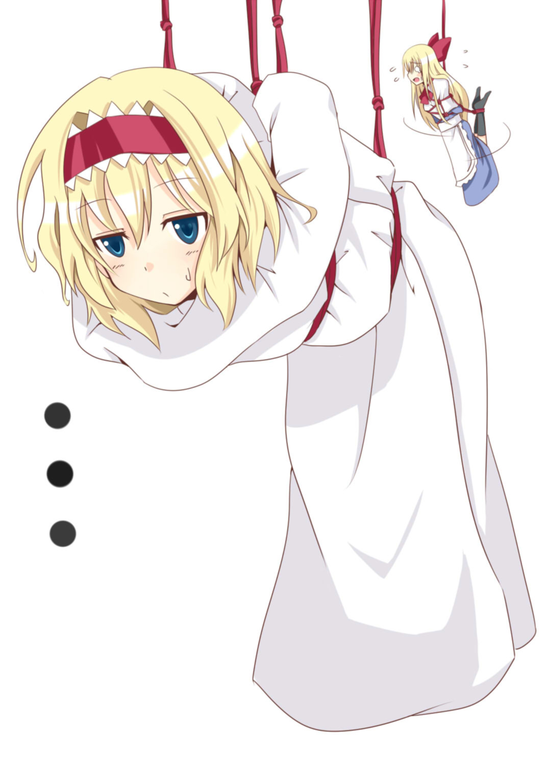 chata maru (irori sabou), alice margatroid, shanghai doll, minami-ke, touhou, highres, …, 1girl, bdsm, blonde hair, blue eyes, bondage, bored, bound, captured, completely unamused, female focus, flying sweatdrops, hairband, in container, long hair, o o, sack, short hair, solo, spinning, struggling, suspension, sweatdrop, teardrop, teruterubouzu, unamused