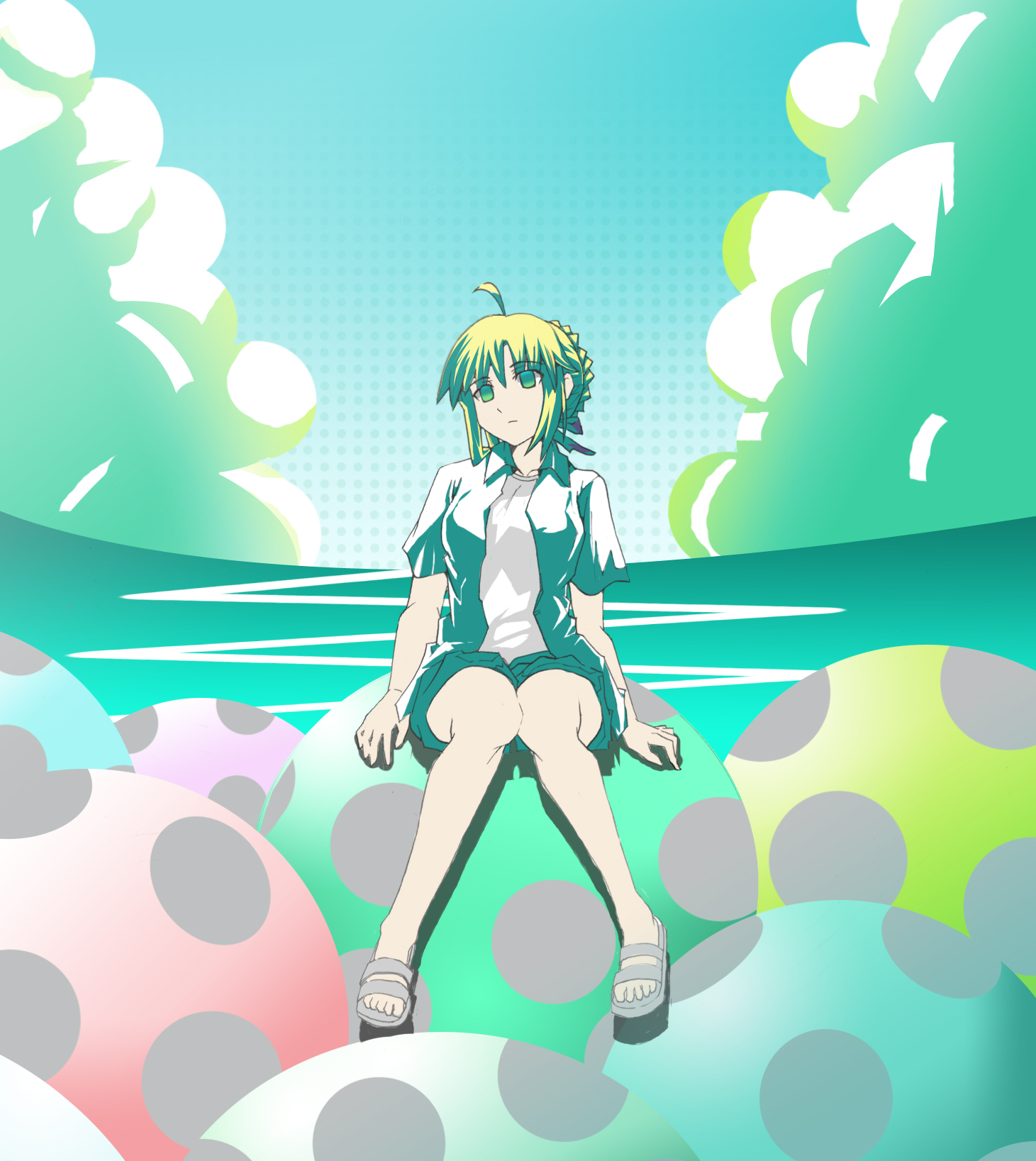 artoria pendragon (fate), saber (fate), fate/stay night, fate (series), highres, ahoge, alternate costume, blonde hair, day, green eyes, sandals, shorts, sky, solo