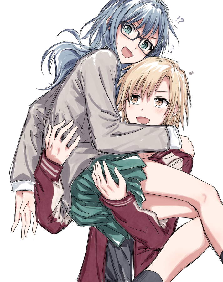 yukitake (bullfalk), asahi rokka, sato masuki, bang dream!, bang dream! girls band party!, commentary, !?, 2girls, :d, @ @, black shirt, blazer, blonde hair, blue hair, carrying, carrying person, embarrassed, green eyes, green skirt, grey jacket, haneoka school uniform, jacket, long hair, long sleeves, looking at another, miniskirt, multiple girls, open clothes, open jacket, open mouth, pleated skirt, red jacket, school uniform, shirt, short hair, skirt, smile, winter uniform, yellow eyes