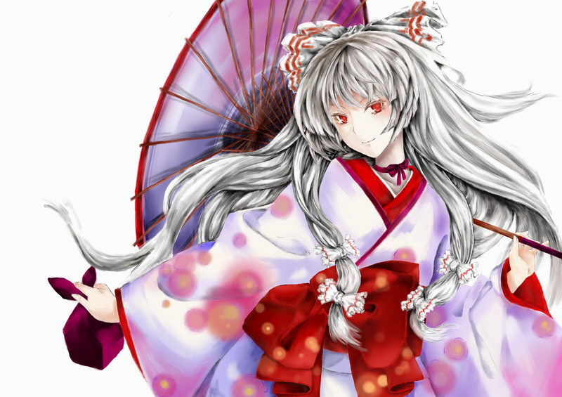 antediluvian, freewaterlemon, fujiwara no mokou, touhou, silver hair, bad id, bad pixiv id, 1girl, alternate costume, bow, female focus, hair bow, hair ribbon, japanese clothes, kimono, long hair, oil-paper umbrella, red eyes, ribbon, smile, solo, umbrella
