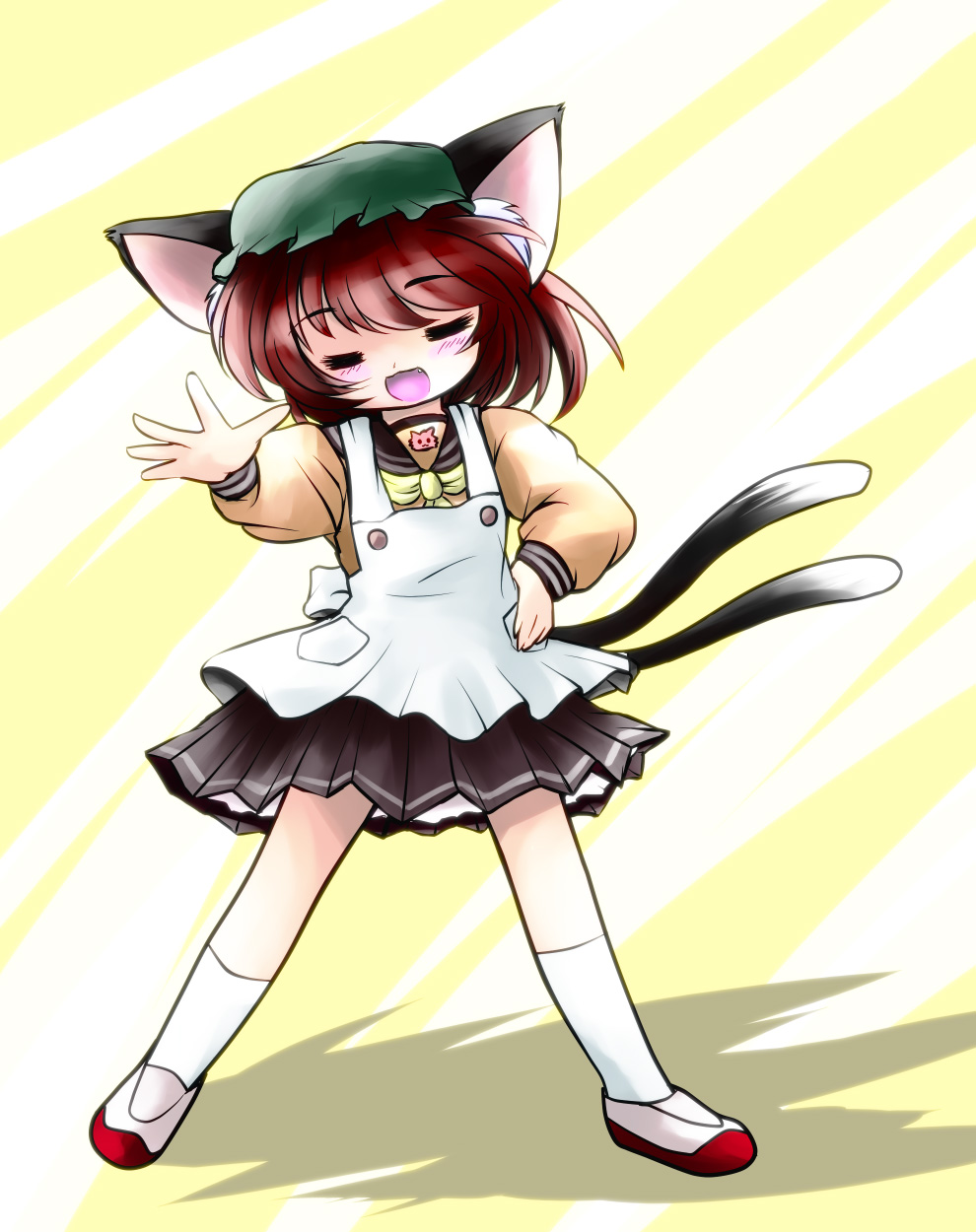 yume shokunin, chen, touhou, highres, 1girl, alternate costume, animal ears, apron, blush, blush stickers, brown hair, cat ears, cat girl, cat tail, closed eyes, contemporary, female focus, full body, hand on own hip, hat, hip focus, kneehighs, multiple tails, open mouth, school uniform, shoes, simple background, socks, solo, standing, tail