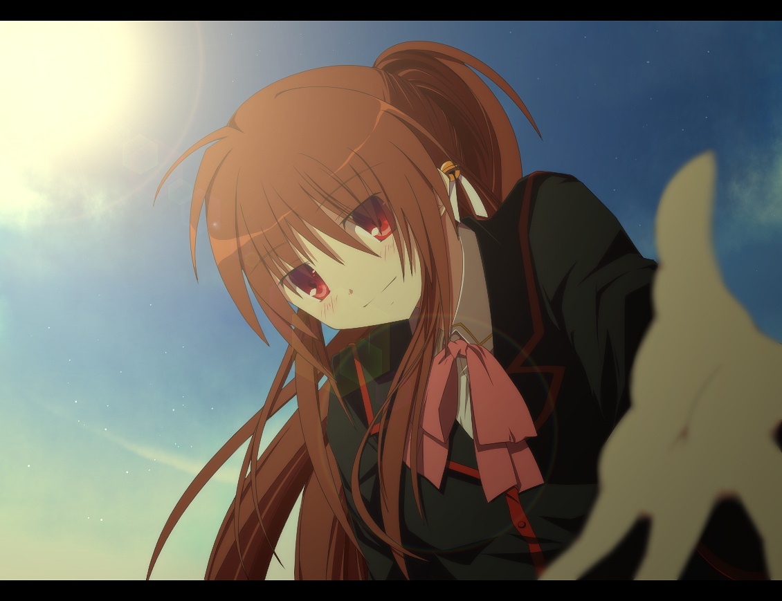 ari (ariburo), natsume rin, little busters!, bad id, bad pixiv id, 1girl, bow, brown hair, female focus, foreshortening, letterboxed, long hair, pink bow, ponytail, red eyes, school uniform, solo