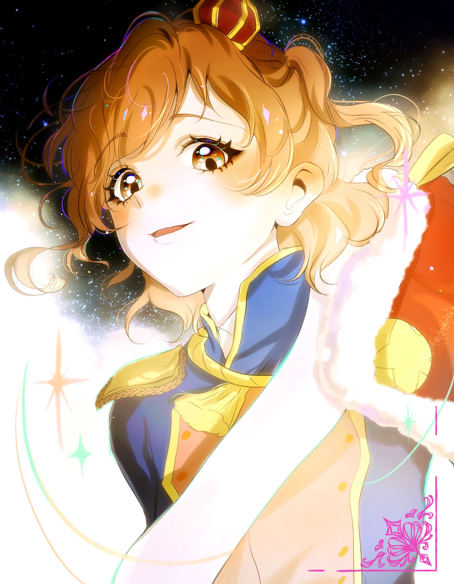 sanoon, aijou karen, shoujo kageki revue starlight, commentary, highres, symbol-only commentary, 1girl, arm at side, black background, blue eyes, blush, brown eyes, brown hair, crown, ear blush, epaulettes, floating hair, fur-trimmed jacket, fur trim, gradient background, jacket, jacket on shoulders, light particles, looking at viewer, looking down, mini crown, parted lips, red jacket, sash, short hair, shoulder sash, smile, solo, tassel, tilted headwear, two-tone background, two side up, upper body, white background, white sash