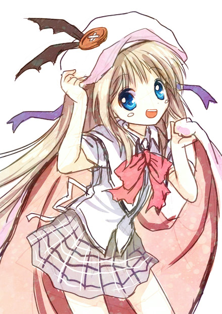 mauve, noumi kudryavka, little busters!, 1girl, blonde hair, blue eyes, blush stickers, bow, cape, female focus, long hair, pink bow, plaid clothes, plaid skirt, school uniform, skirt, solo