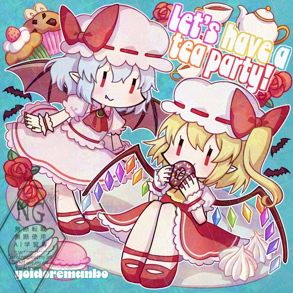 alto2019, flandre scarlet, remilia scarlet, touhou, adversarial noise, commentary request, 2girls, ascot, bat wings, blonde hair, blue hair, bow, chibi, chibi only, closed mouth, crystal, crystal wings, cup, cupcake, donut, eating, english text, fang, fang out, food, frilled skirt, frills, hat, hat bow, holding, holding donut, holding food, macaron, mob cap, multicolored wings, multiple girls, one side up, pink hat, pink shirt, pink skirt, plate, puffy short sleeves, puffy sleeves, red ascot, red bow, red eyes, red shoes, red skirt, red vest, sample watermark, shirt, shoes, short sleeves, siblings, signature, sisters, skirt, skirt set, tea, teacup, teapot, vest, watermark, watermark grid, white hat, white shirt, wings, wrist cuffs, yellow ascot