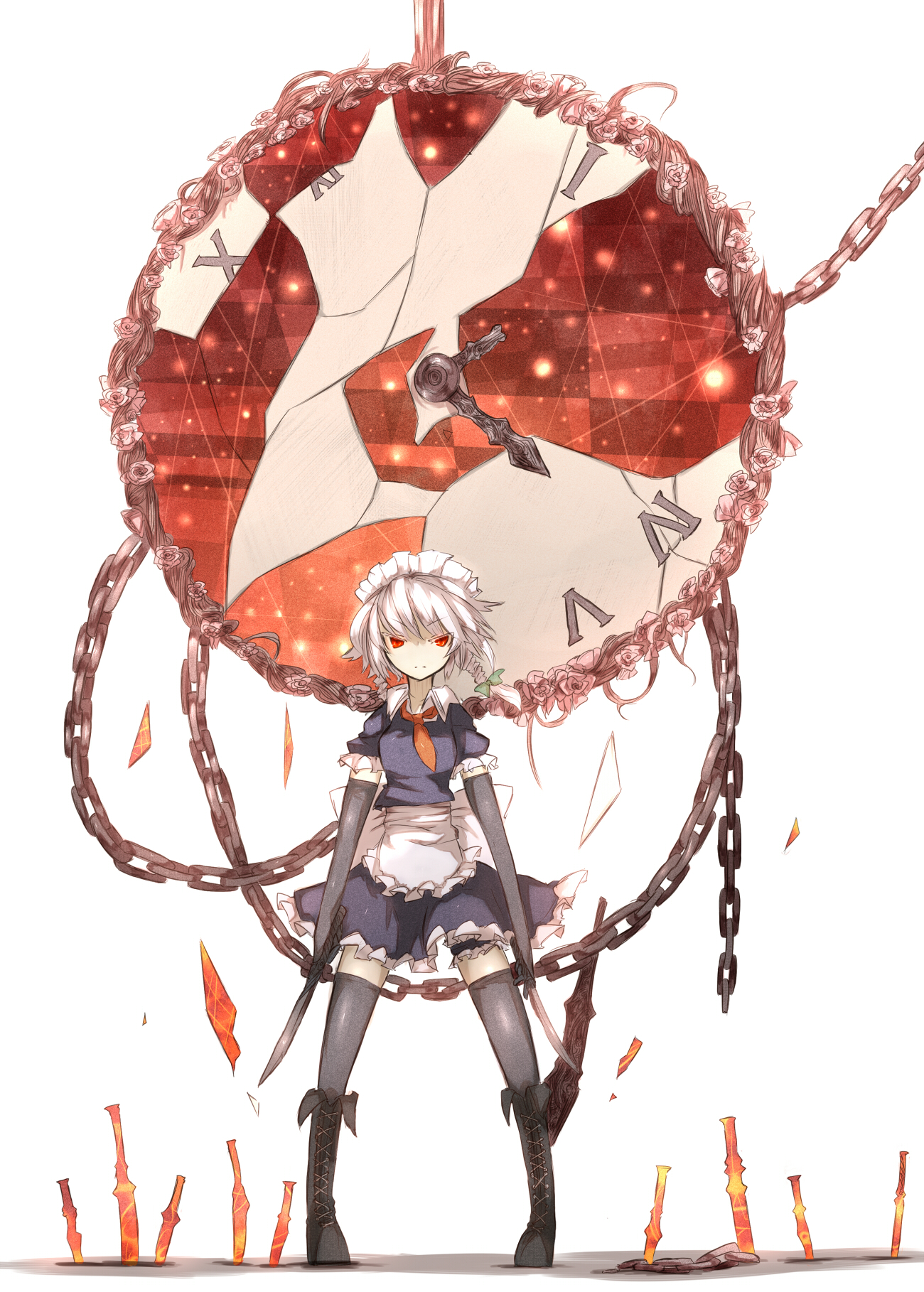 ganesagi, izayoi sakuya, touhou, bad id, bad pixiv id, highres, 1girl, braid, chain, clock, dual wielding, female focus, holding, knife, red eyes, short hair, solo, thighhighs, throwing knife, twin braids, weapon, white hair