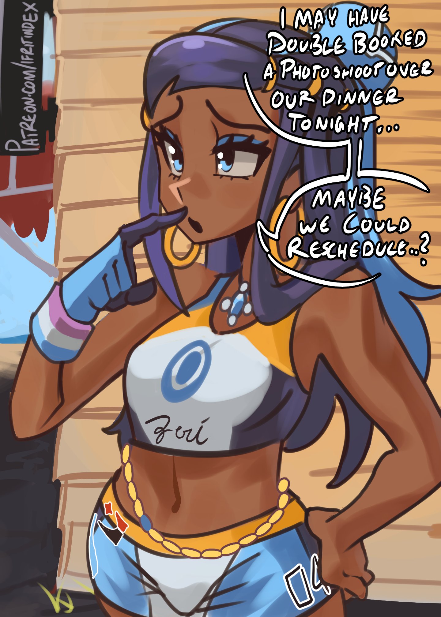 moxydraws, nessa (pokemon), nintendo, pokemon, pokemon swsh, commentary, english commentary, 1girl, bare shoulders, black hair, blue eyes, blue hair, breasts, crop top, dark-skinned female, dark skin, earrings, english text, gloves, jewelry, long hair, shorts, single glove, speech bubble, swimsuit