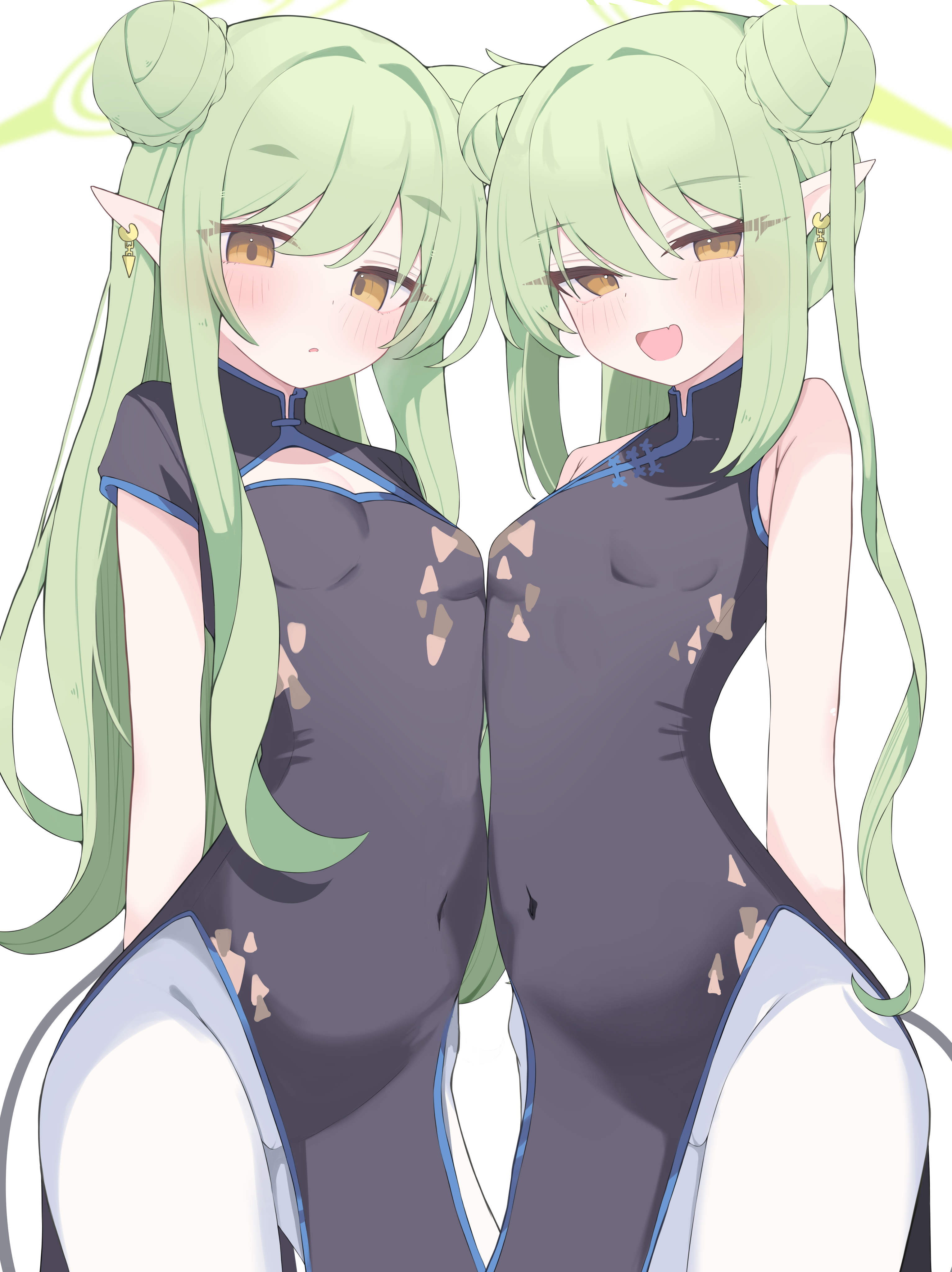 nui (nuinui0300), hikari (blue archive), nozomi (blue archive), blue archive, absurdres, commentary request, highres, variant set, 2girls, black dress, breasts, china dress, chinese clothes, double bun, dress, green hair, hair bun, halo, long hair, looking at viewer, multiple girls, pointy ears, siblings, simple background, sisters, small breasts, twins, white background
