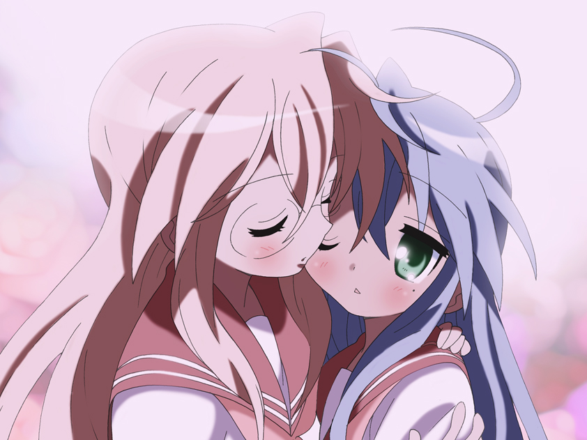 yamasaki wataru, izumi konata, takara miyuki, lucky star, 00s, 2girls, ahoge, blue hair, blush, closed eyes, green eyes, hug, long hair, mole, mole under eye, multiple girls, one eye closed, pink hair, wink, yuri