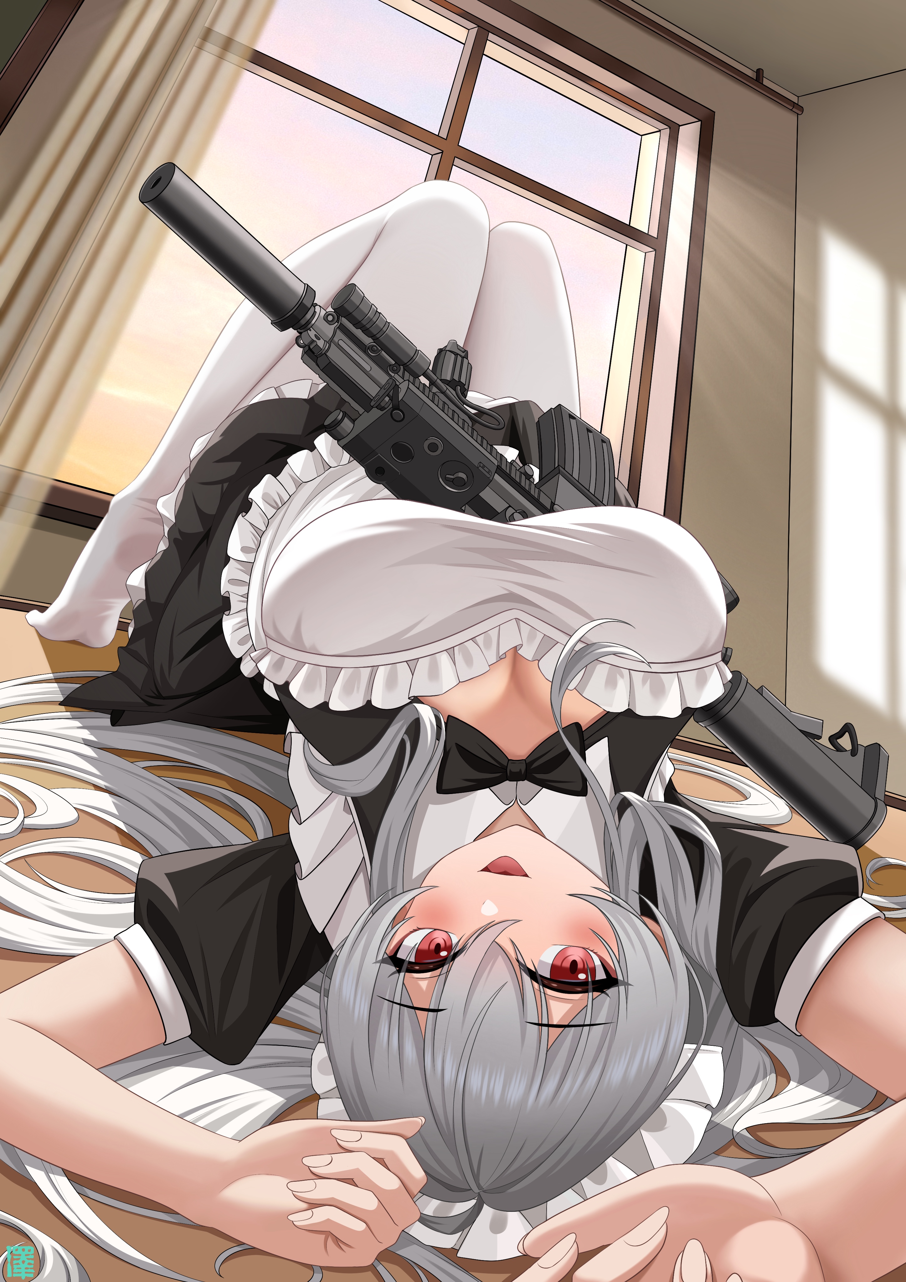 zekong pioneer, original, absurdres, commentary, highres, 1girl, apron, ar-15, arm above head, arms up, artist logo, assault rifle, black bow, black bowtie, black dress, bow, bowtie, breasts, cleavage, curtains, dress, feet, frilled apron, frilled dress, frilled headwear, frills, gradient sky, grey hair, gun, hair between eyes, hair spread out, indoors, knees up, large breasts, legs, logo, long hair, looking at viewer, maid, maid apron, maid headdress, no shoes, open mouth, pantyhose, puffy short sleeves, puffy sleeves, range finder, red eyes, rifle, short sleeves, sidelocks, sky, soles, solo, sunset, suppressor, thighs, tongue, very long hair, weapon, white apron, white headdress, white pantyhose, window