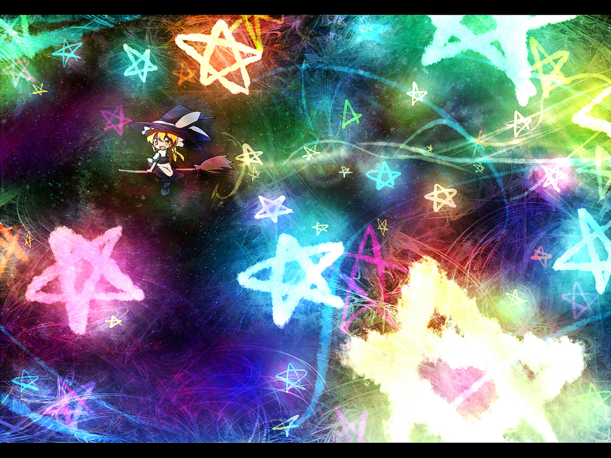 ayakashi (monkeypanch), kirisame marisa, touhou, bad id, bad pixiv id, 1girl, blonde hair, broom, female focus, hat, letterboxed, solo, star (symbol), witch, witch hat, yellow eyes