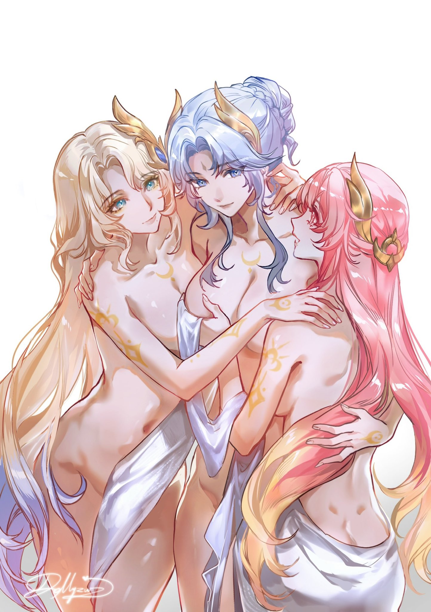 do myzu, genshin impact, commentary, english commentary, highres, aria (genshin impact), blonde hair, blue eyes, blue hair, canon (genshin impact), completely nude, crescent, crescent tattoo, dress, grabbing another's breast, groping, hair ornament, hand on another's shoulder, long hair, navel, nude, pink eyes, pink hair, revealing clothes, short hair, signature, simple background, smile, sonnet (genshin impact), stomach, tattoo, very long hair, white background, white dress, yuri