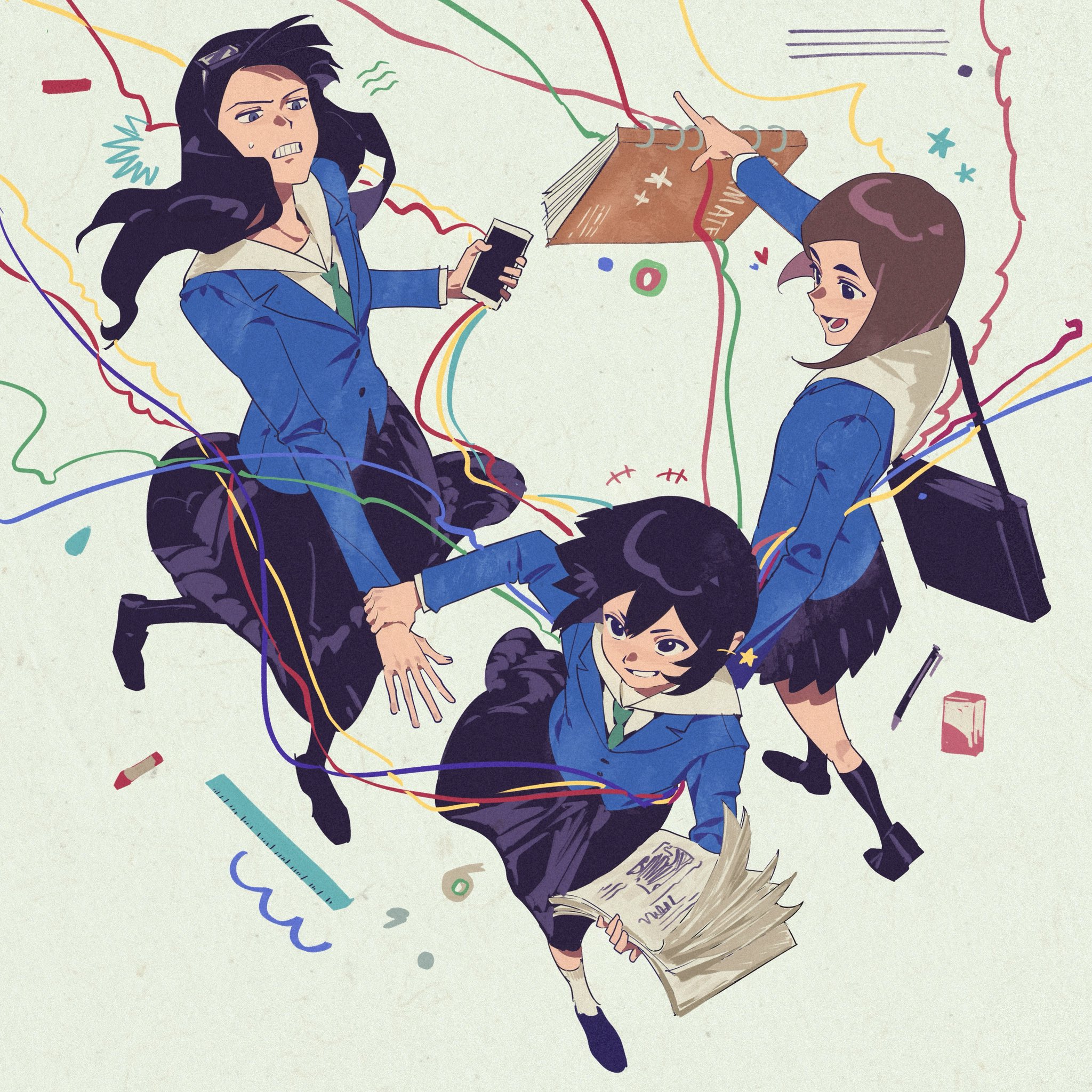 jiangk728, asakusa midori, kanamori sayaka, mizusaki tsubame, eizouken ni wa te wo dasu na!, hashtag-only commentary, highres, +++, 3girls, :d, bag, black hair, black shoes, black socks, blazer, blue jacket, book, brown hair, dynamic pose, eyewear on head, from above, full body, green necktie, grin, holding, holding another's wrist, holding book, holding phone, hooded shirt, jacket, lapels, long hair, long skirt, multiple girls, necktie, notched lapels, open mouth, phone, pleated skirt, school bag, school uniform, shibahama high school uniform, shoes, short hair, simple background, skirt, smile, socks, white background, white hood, white socks