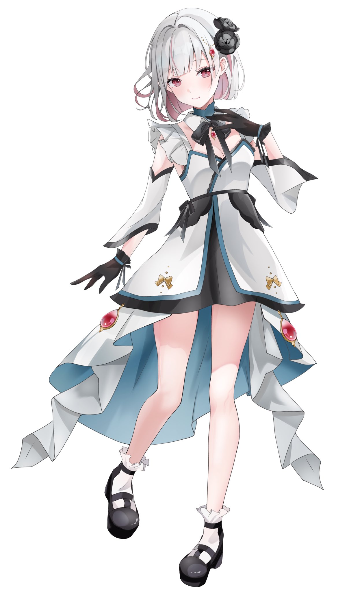 indie virtual youtuber, commentary request, commission, highres, second-party source, 1girl, black collar, black flower, black gloves, black ribbon, black shoes, collar, colored inner hair, detached collar, detached sleeves, dress, flower, full body, gem, gloves, hair flower, hair ornament, high-low dress, jewelry, layered dress, medium hair, multicolored hair, neck ribbon, oyasumi ramu (vtuber), pink eyes, pink gem, pink hair, ribbon, sakuragi kohaku, shoes, simple background, socks, solo, virtual youtuber, white background, white dress, white hair, white sleeves, white socks