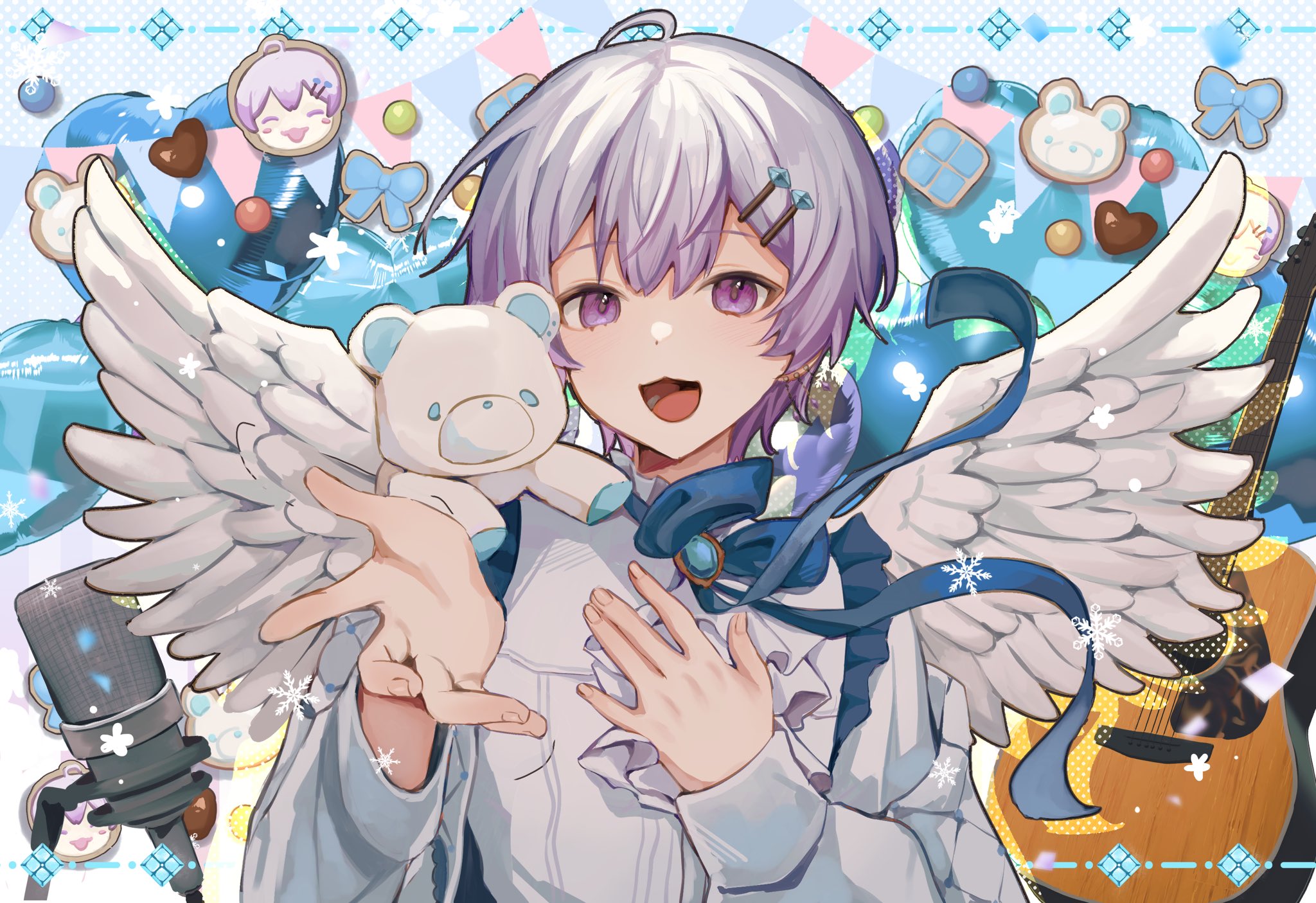 unacha, indie utaite, commentary request, commission, highres, 1boy, acoustic guitar, ascot, balloon, brooch, feathered wings, grey hair, guitar, hair ornament, hairclip, hand on own chest, instrument, jewelry, long sleeves, microphone, open mouth, purple eyes, reaching, reaching towards viewer, shirt, short hair, solo, stuffed animal, stuffed toy, teddy bear, upper body, utaite, white ascot, white shirt, white wings, wings