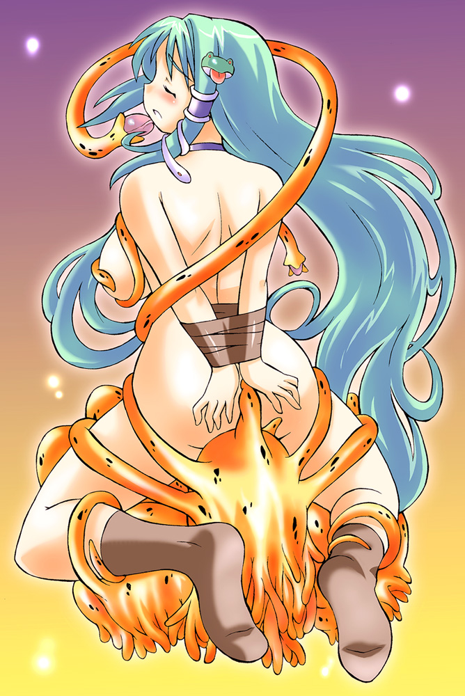 gomamiso (gomamiso sp), kochiya sanae, touhou, 1girl, arms behind back, bdsm, blue hair, bondage, bound, closed eyes, female focus, green hair, long hair, nude, socks, solo, tentacles, very long hair