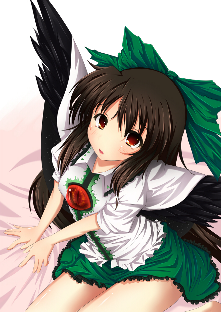 inu3, reiuji utsuho, touhou, bad id, bad pixiv id, 1girl, bed, bow, brown eyes, brown hair, female focus, gradient background, hair bow, hair ribbon, long hair, red eyes, ribbon, skirt, solo, white background, wings