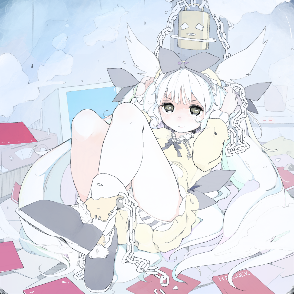 kinomoto (nazonoinu), original, highres, 1girl, chain, dress, flat chest, full body, grey eyes, knees up, lock, long hair, looking at viewer, lying, on back, padlock, panties, panty peek, short dress, solo, striped clothes, striped panties, underwear, very long hair, white hair