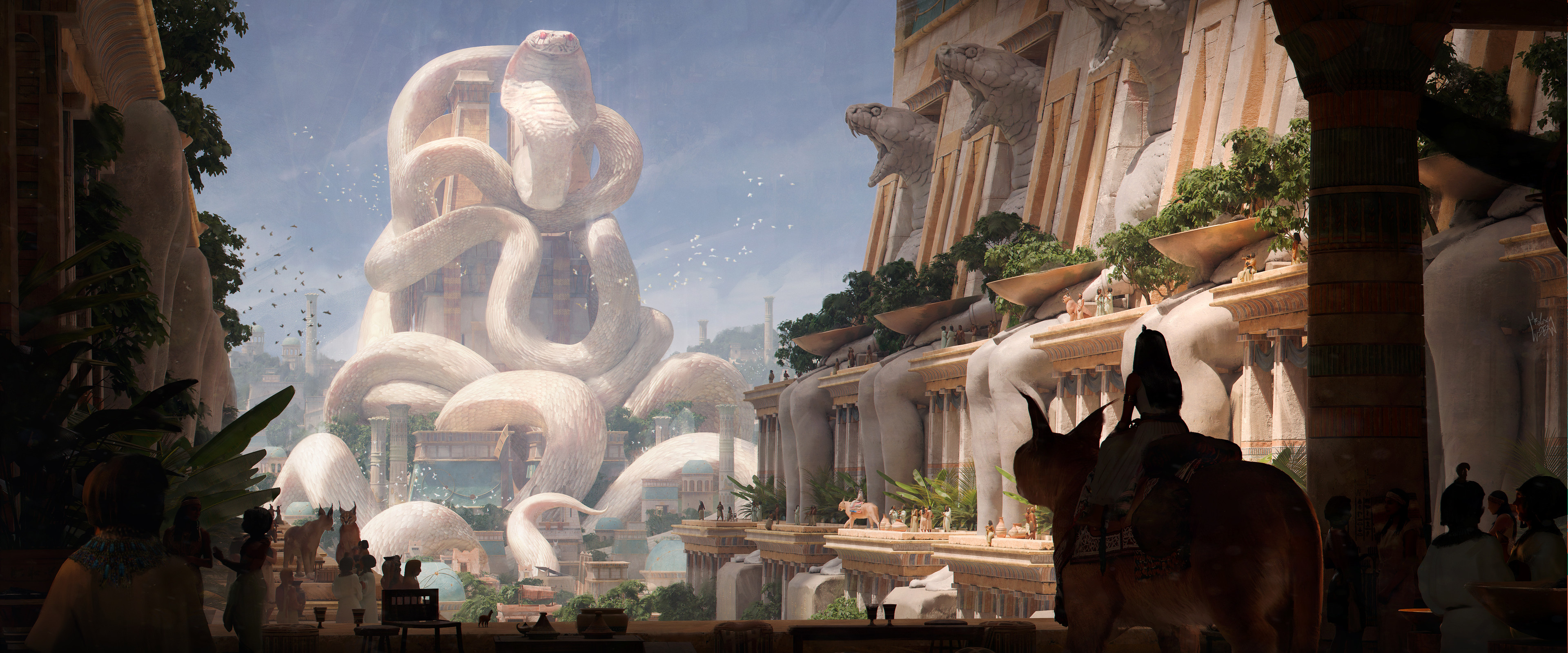 original, absurdres, commentary, english commentary, highres, 1girl, ancient egyptian, ancient egyptian architecture, animal, blue sky, bobcat, felixriano, flock, from behind, giant snake, leaf, oversized animal, people, pillar, riding, riding animal, scenery, sky, snake, statue, tower