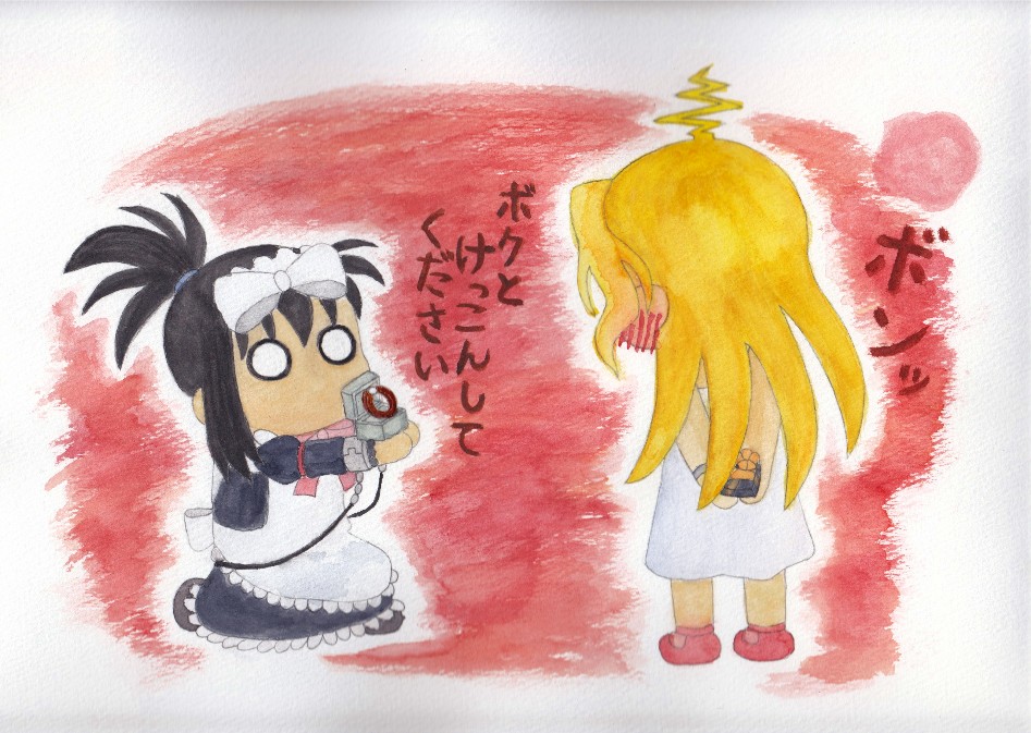 uraba akira, kunihiro hajime, ryuumonbuchi touka, saki (manga), painting (medium), traditional media, translated, watercolor (medium), 2girls, ahoge, blush, chibi, holding, holding behind back, jewelry, maid, marriage proposal, multiple girls, o o, ring, yuri