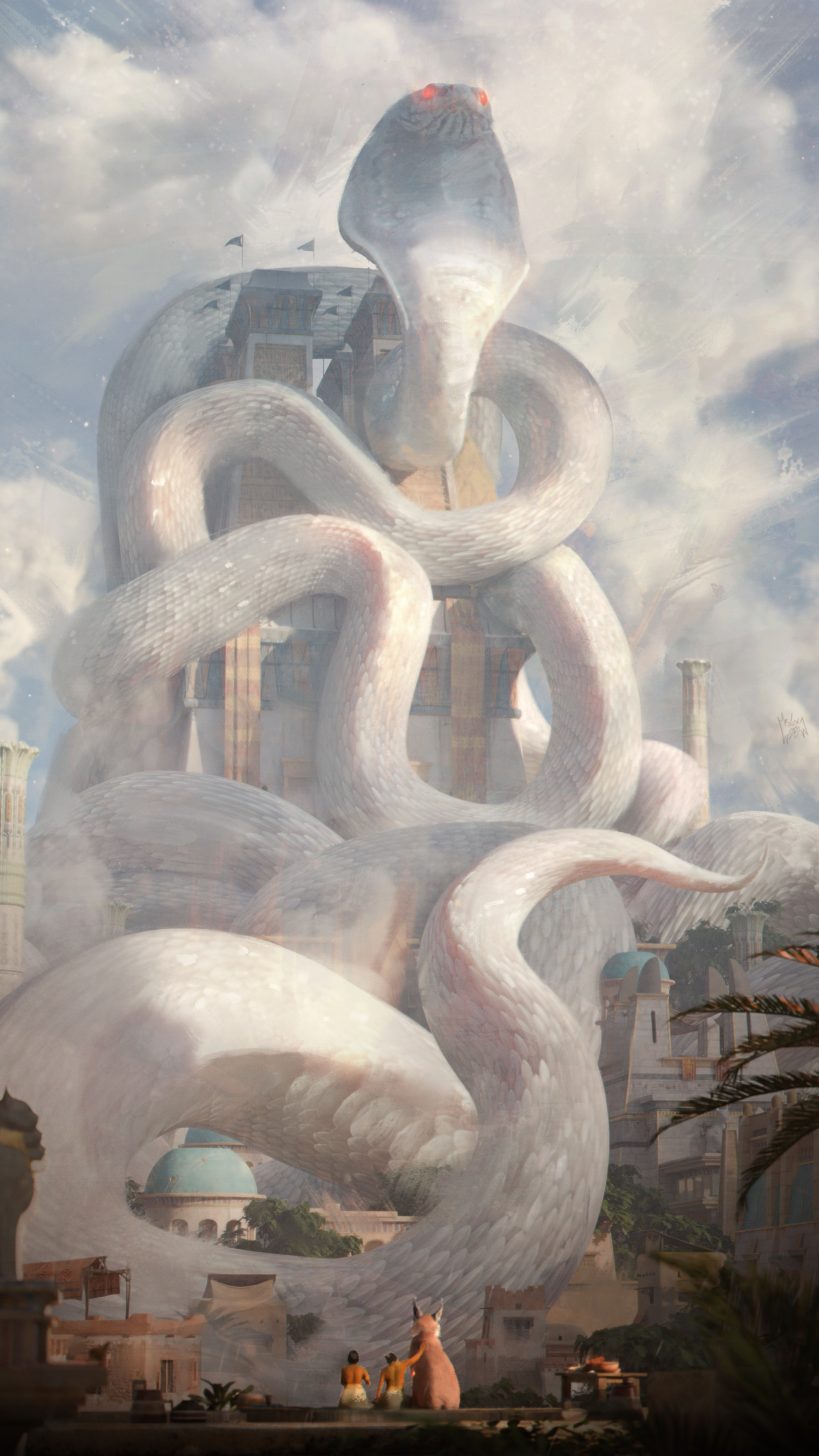 original, absurdres, commentary, english commentary, highres, ancient egyptian, ancient egyptian architecture, animal, bobcat, city, cloud, cloudy sky, day, felixriano, from behind, giant snake, glowing, glowing eyes, leaf, oversized animal, painterly, people, scenery, sky, snake, statue, sunlight, tower